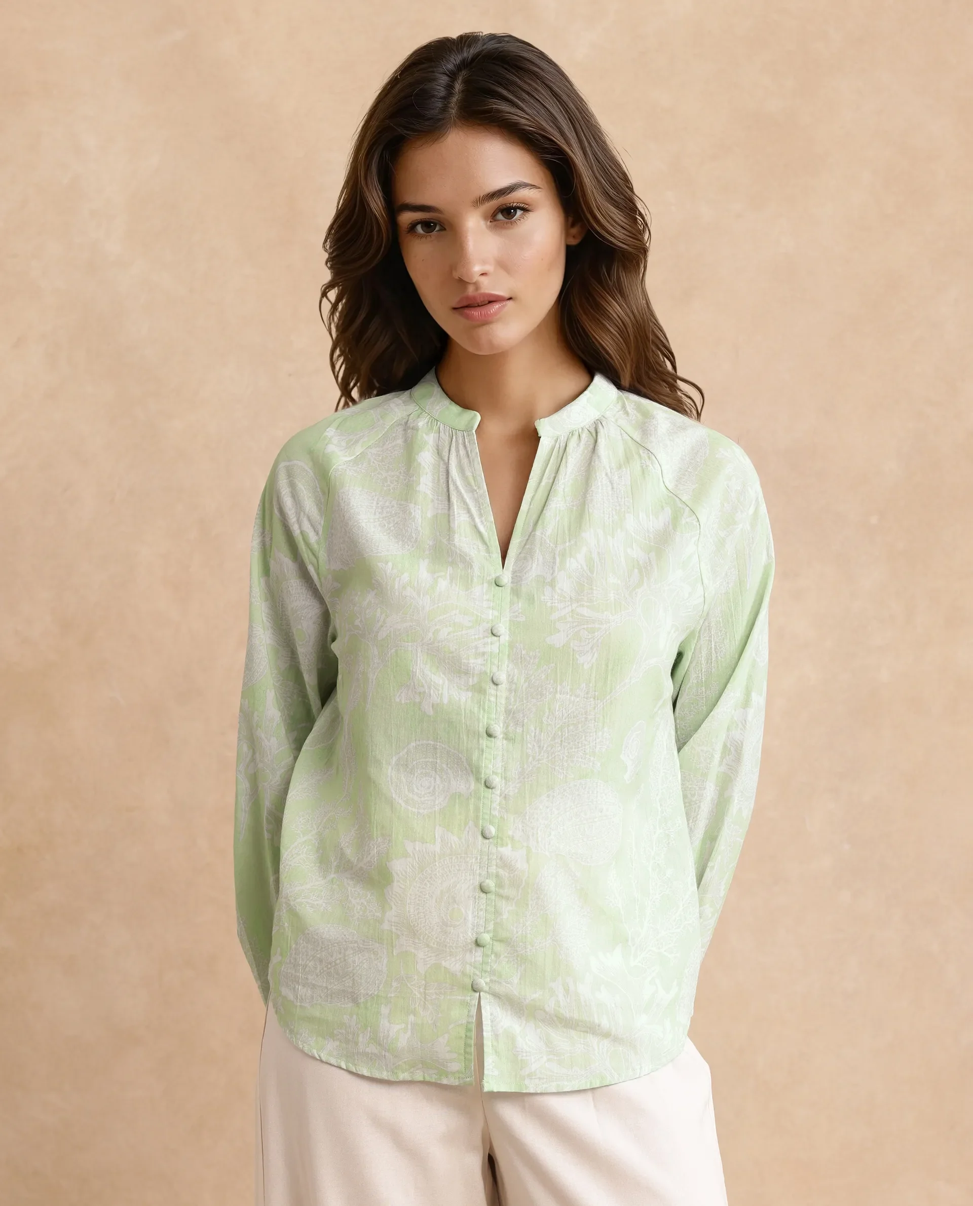Rareism Women's Prenser Green Cotton Spread Collar Abstract Print Raglan Sleeve Relaxed Fit Top - Image 3