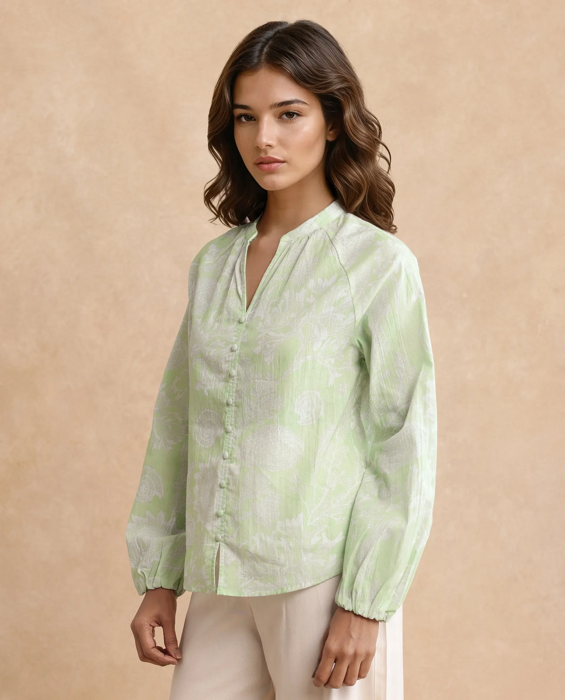Rareism Women's Prenser Green Cotton Spread Collar Abstract Print Raglan Sleeve Relaxed Fit Top - Image 4
