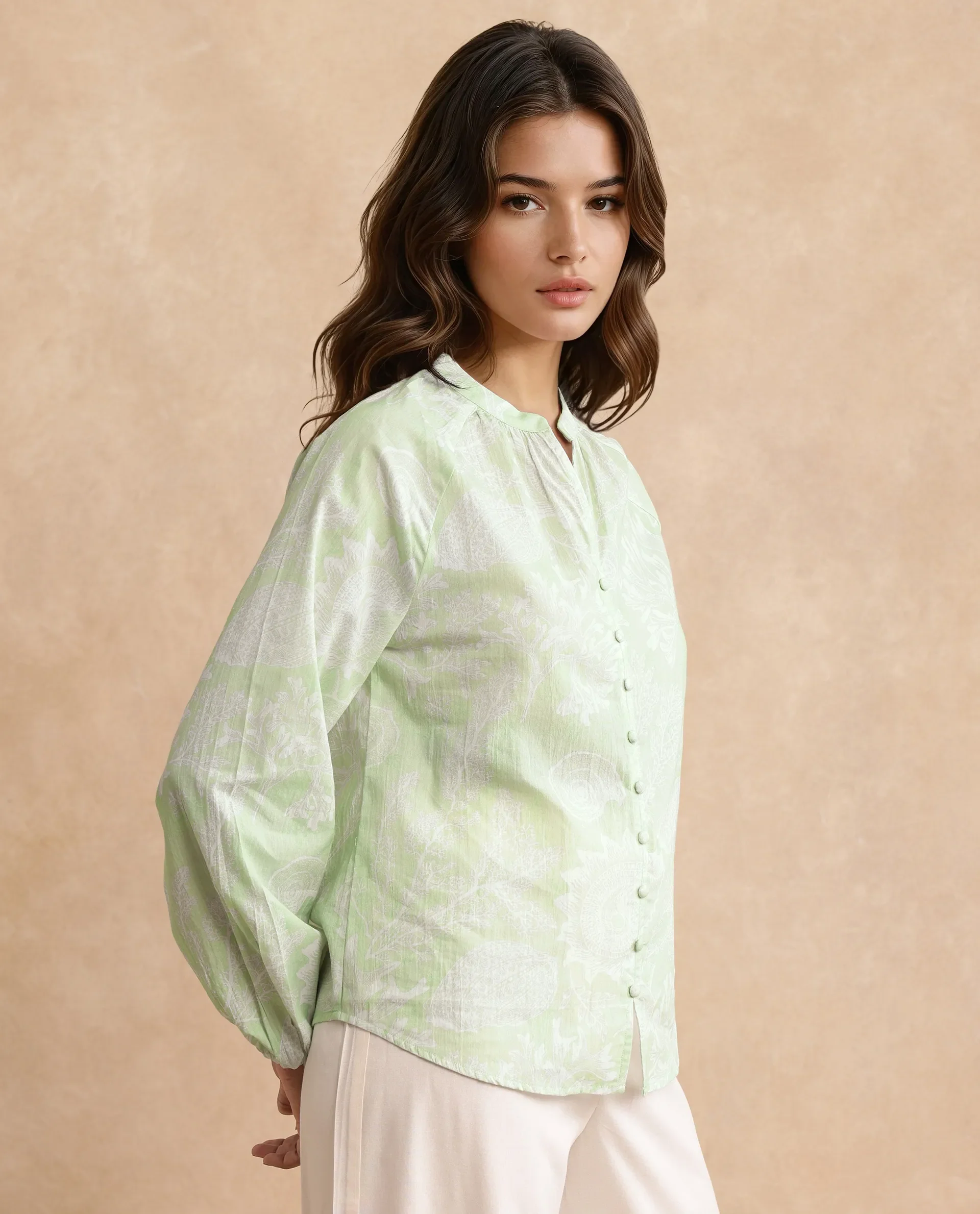 Rareism Women's Prenser Green Cotton Spread Collar Abstract Print Raglan Sleeve Relaxed Fit Top - Image 5
