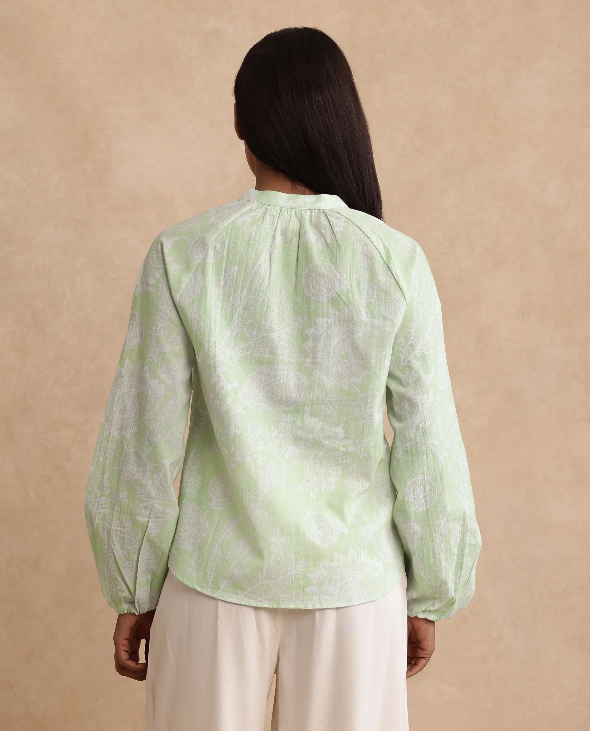 Rareism Women's Prenser Green Cotton Spread Collar Abstract Print Raglan Sleeve Relaxed Fit Top - Image 9