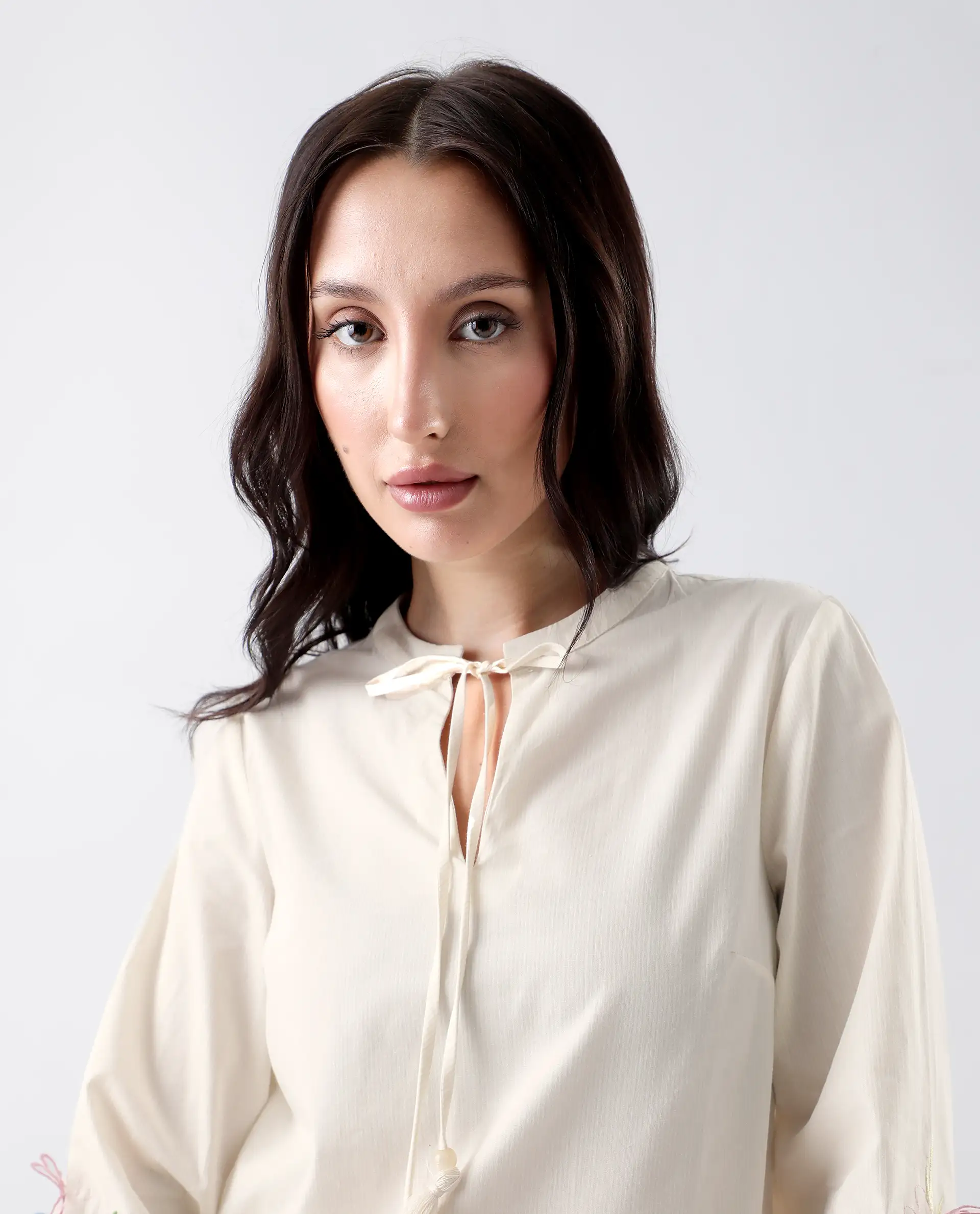 Rareism Women's Prenta-T Beige Cotton Tie-Up Neck Striped Regular Fit Top - Image 2