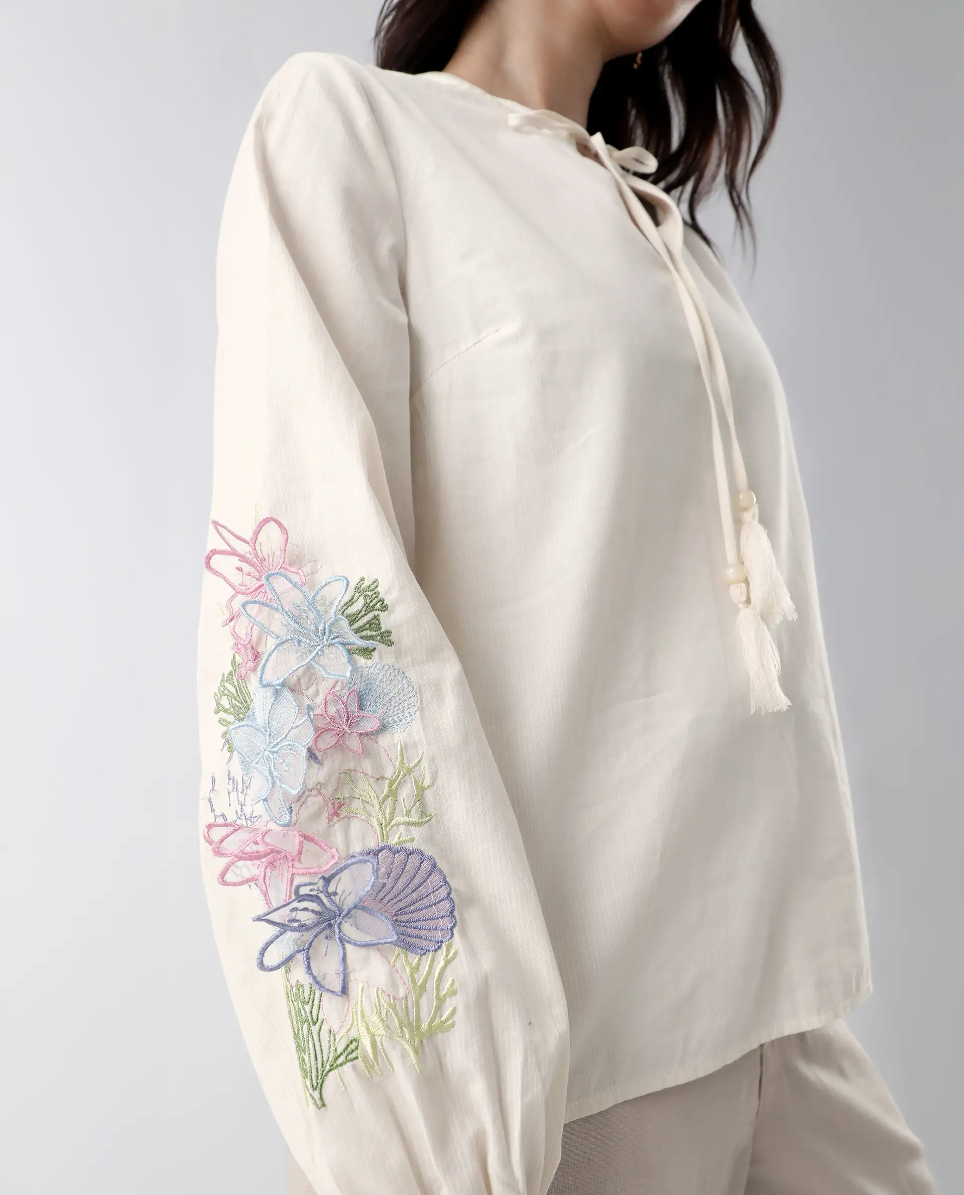 Rareism Women's Prenta-T Beige Cotton Tie-Up Neck Striped Regular Fit Top - Image 3