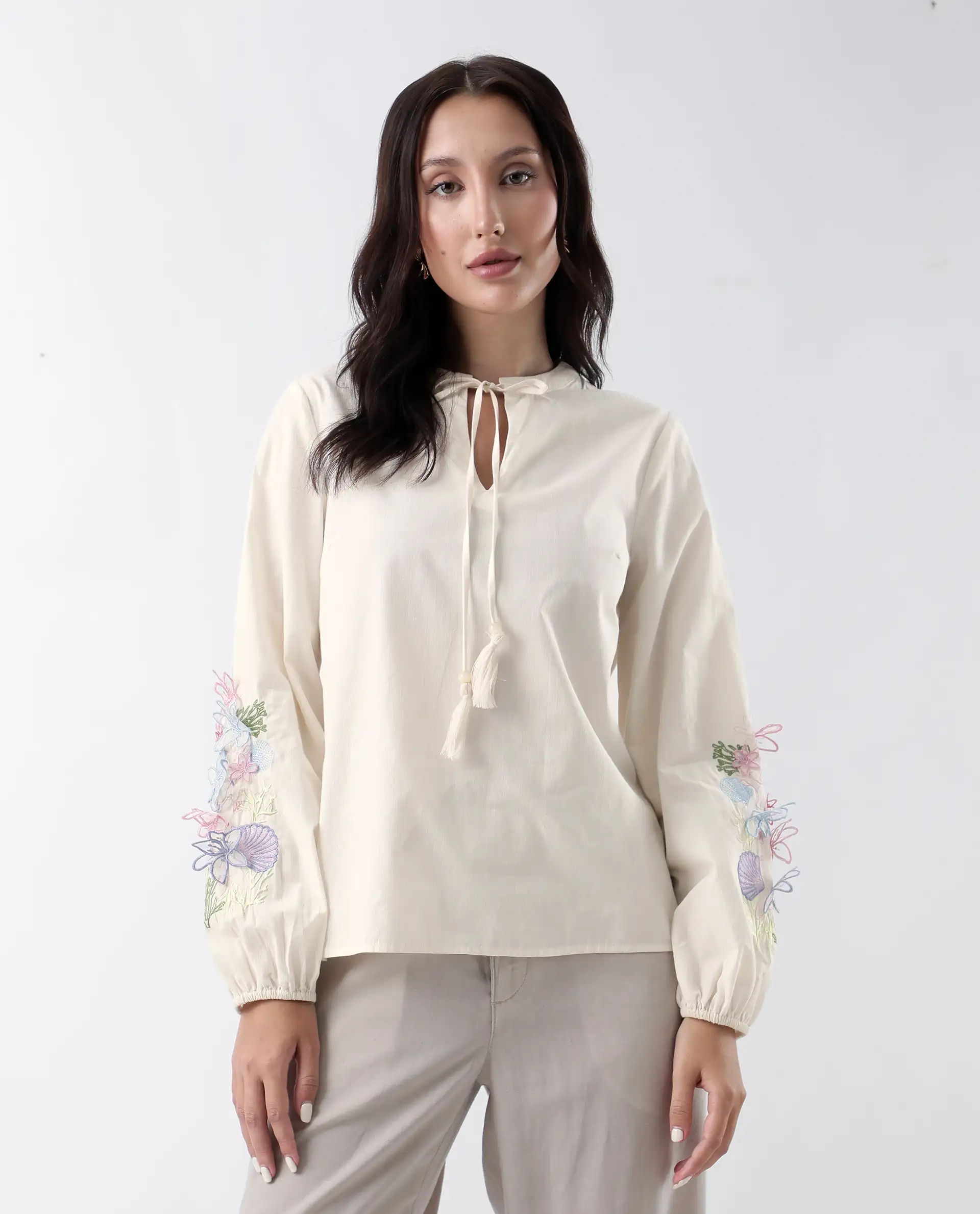 Rareism Women's Prenta-T Beige Cotton Tie-Up Neck Striped Regular Fit Top - Image 4