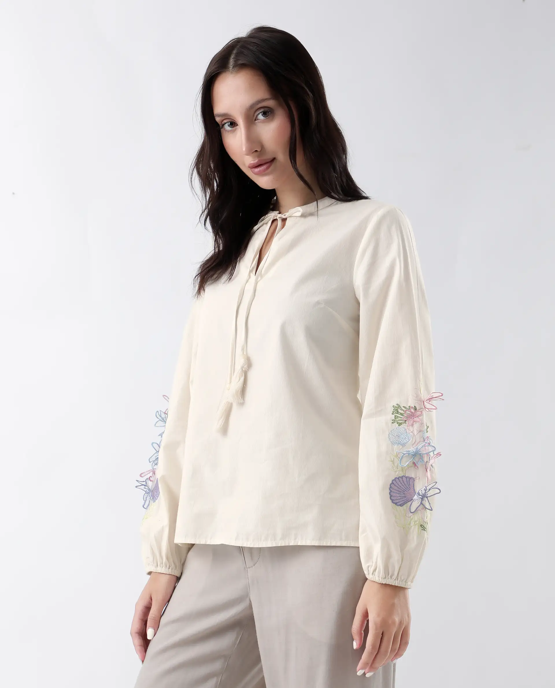 Rareism Women's Prenta-T Beige Cotton Tie-Up Neck Striped Regular Fit Top - Image 5