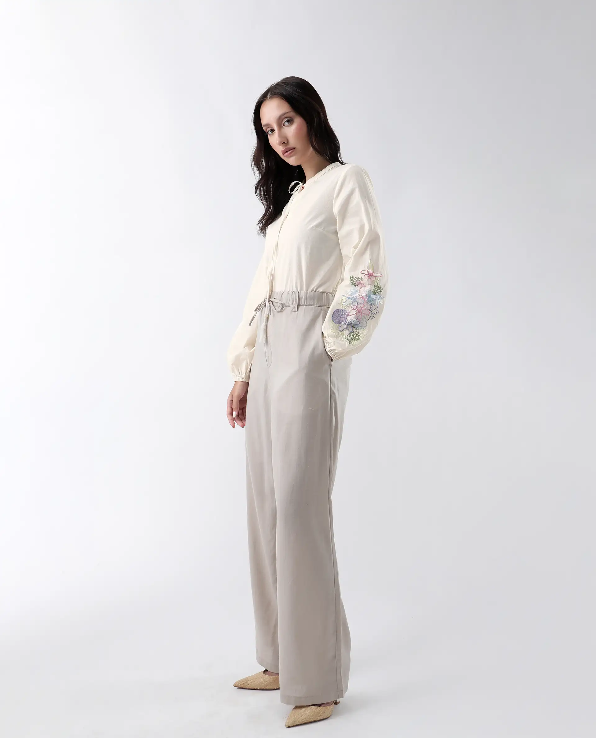 Rareism Women's Prenta-T Beige Cotton Tie-Up Neck Striped Regular Fit Top - Image 7