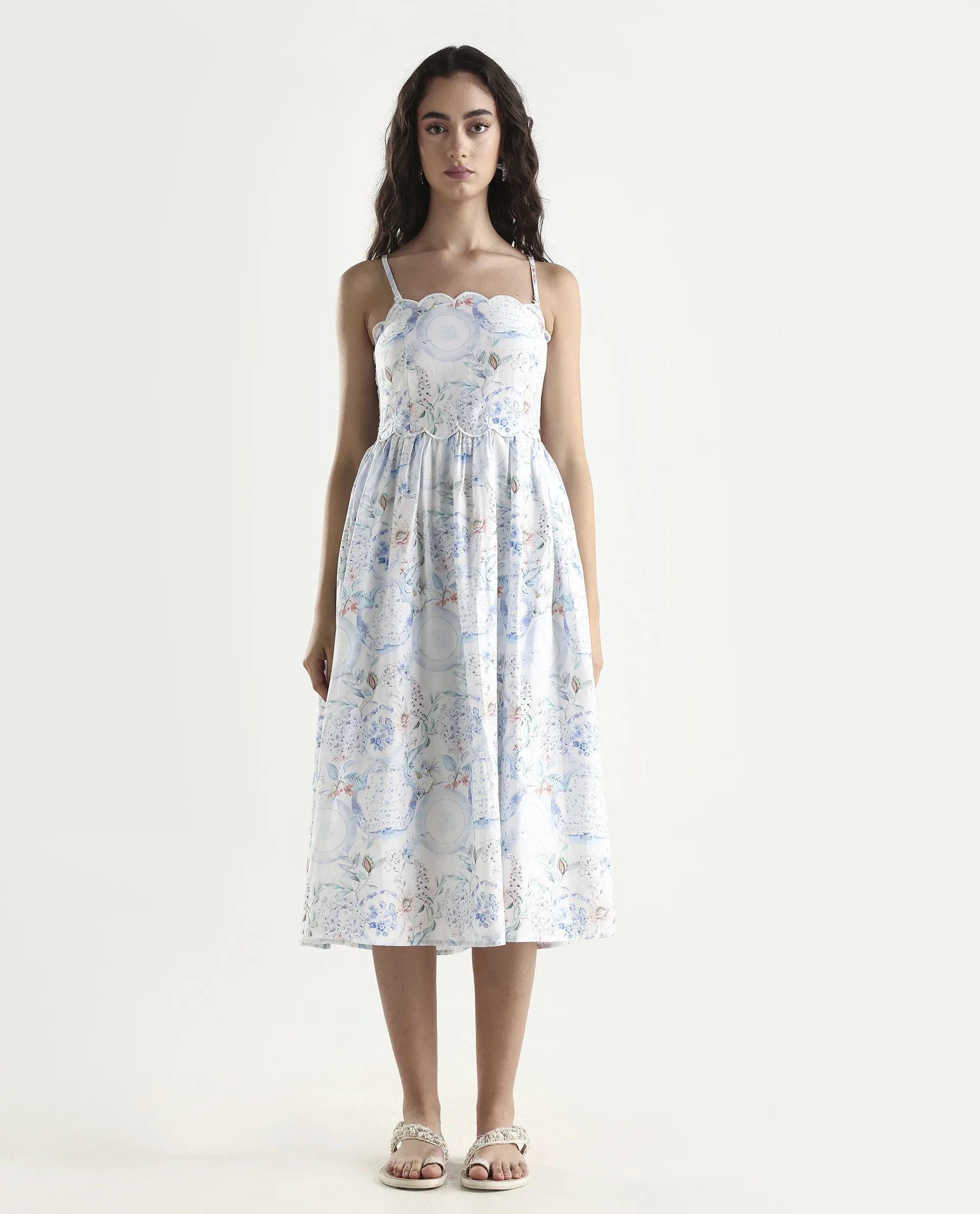 Rareism Women's Prenup Multi Cotton Tube Neck Abstract Print Sleeveless Midi Fit And Flare Dress - Image 2