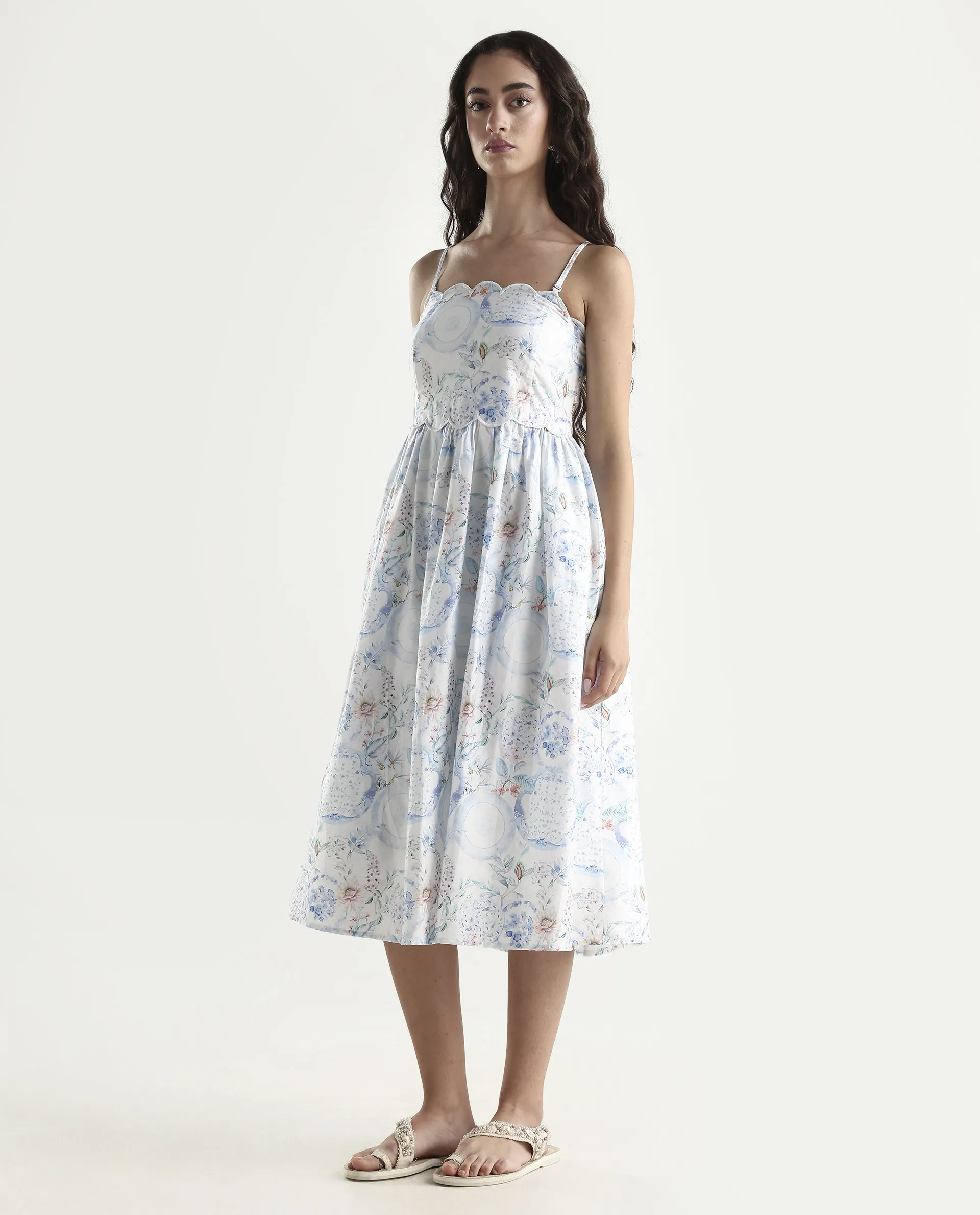 Rareism Women's Prenup Multi Cotton Tube Neck Abstract Print Sleeveless Midi Fit And Flare Dress - Image 3