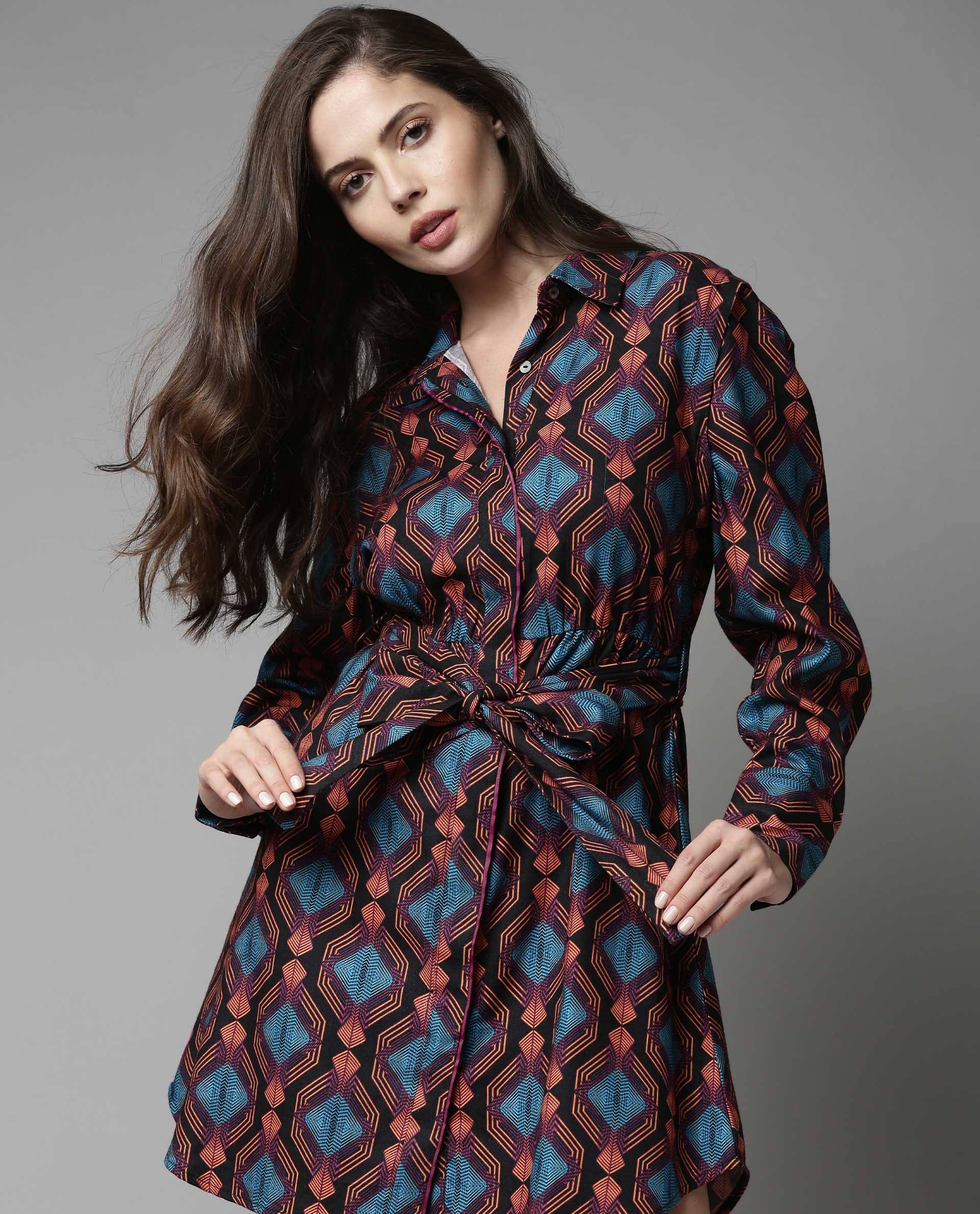 Rareism Women Prep Black Dress Full Sleeves Printed