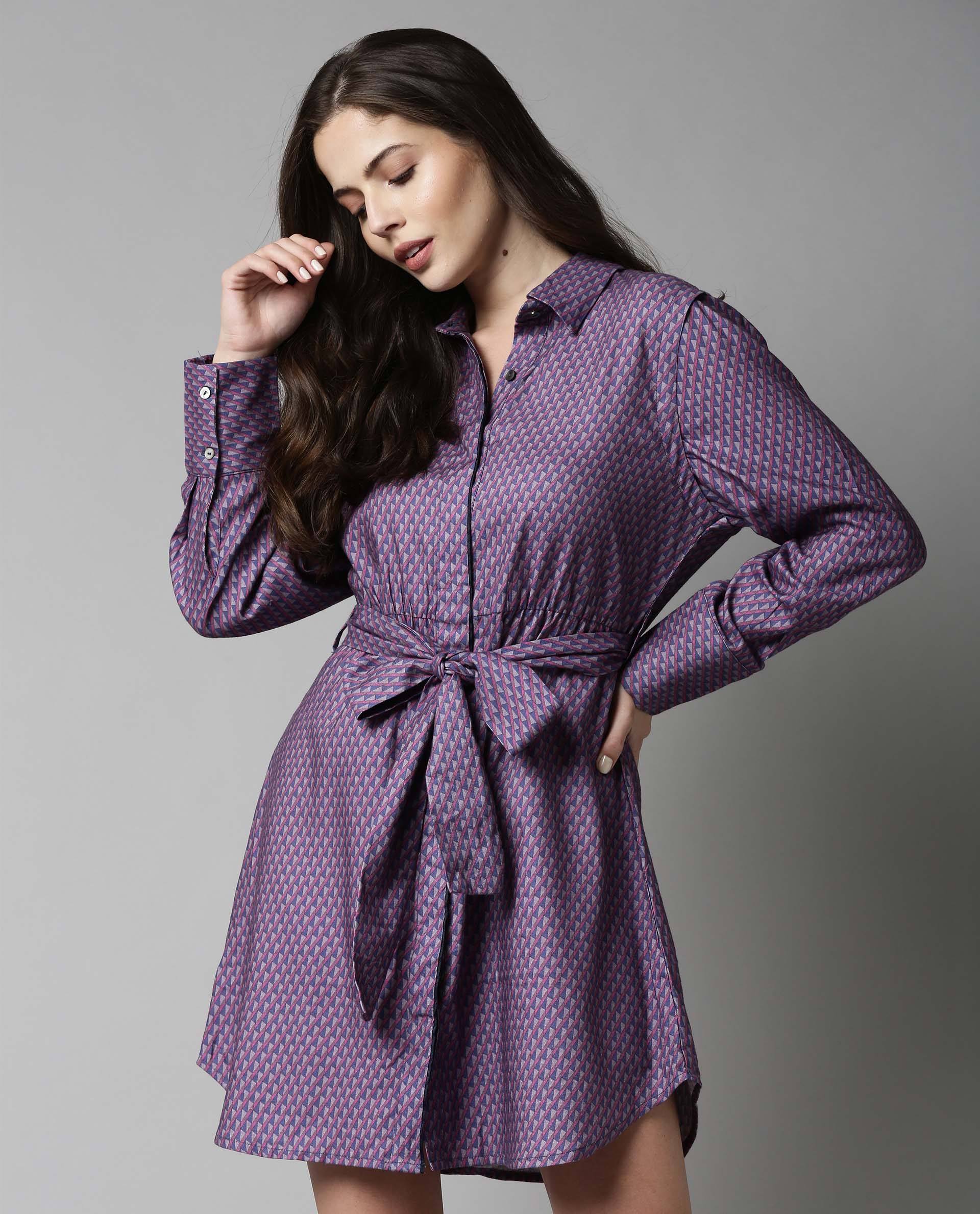 Rareism Women Prep Pink Dress Full Sleeves Printed