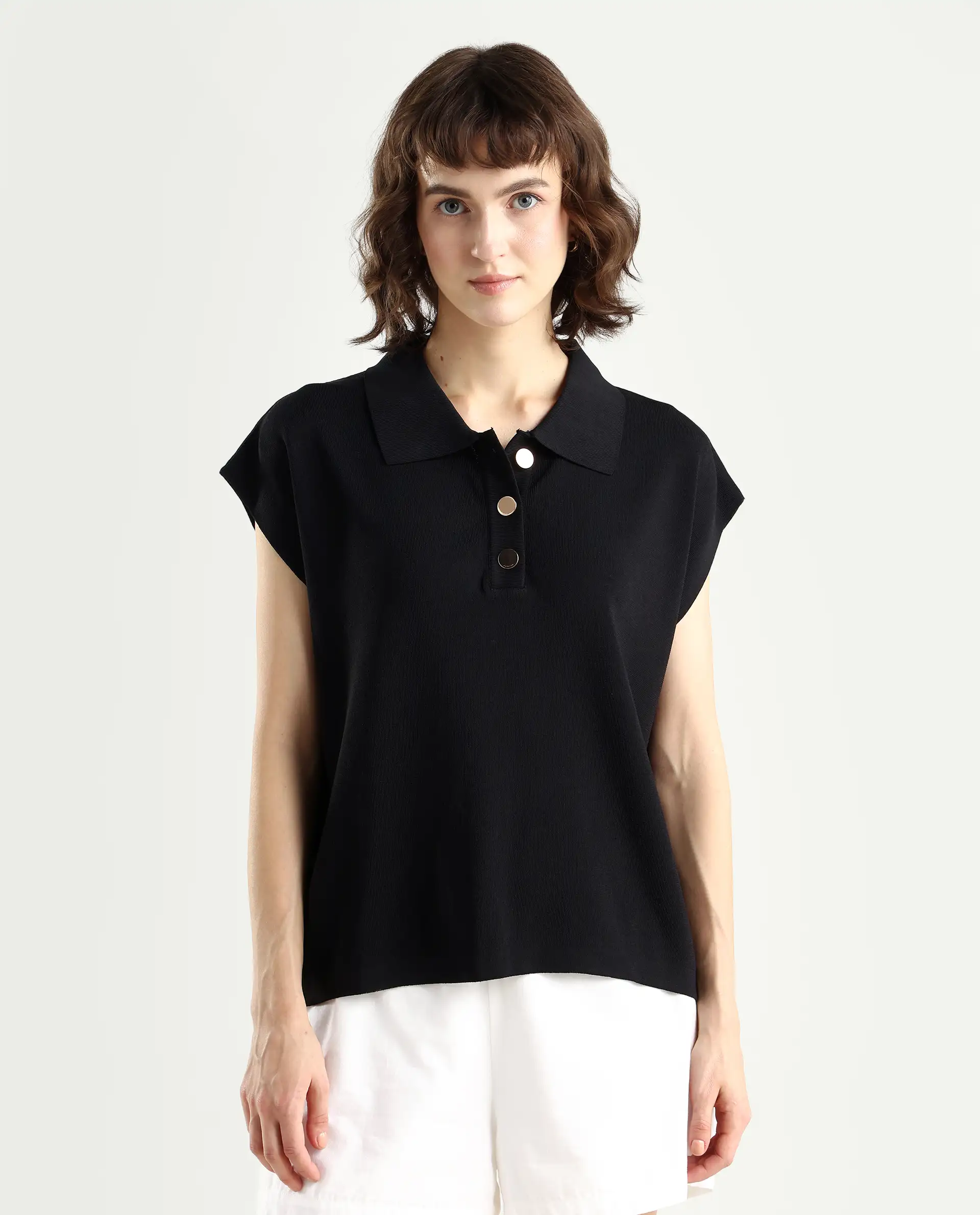 Rareism Women's Prepol Black Viscose Blend Spread Collar Plain Sleeveless Crop Boxy Fit Top - Image 3