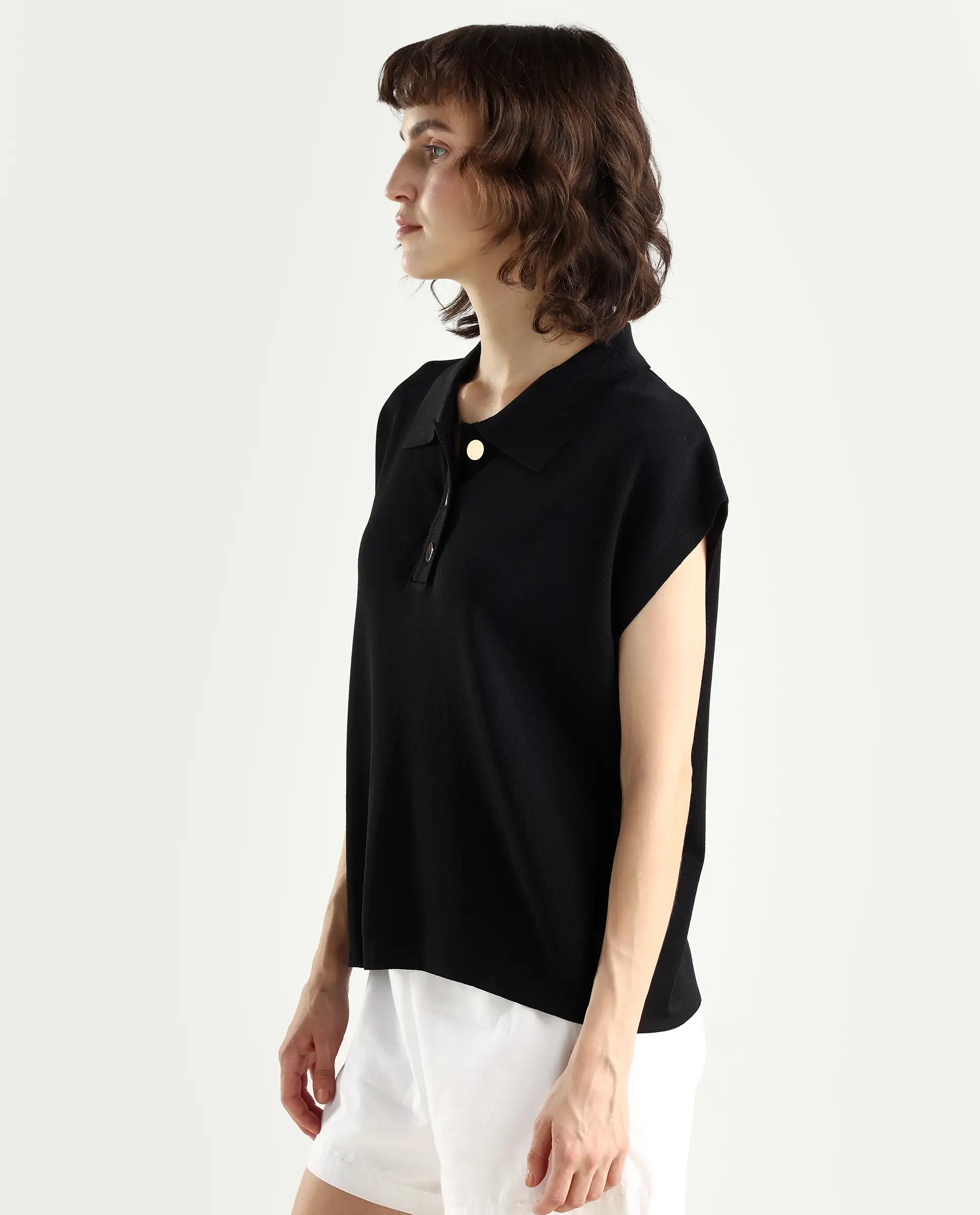 Rareism Women's Prepol Black Viscose Blend Spread Collar Plain Sleeveless Crop Boxy Fit Top - Image 6