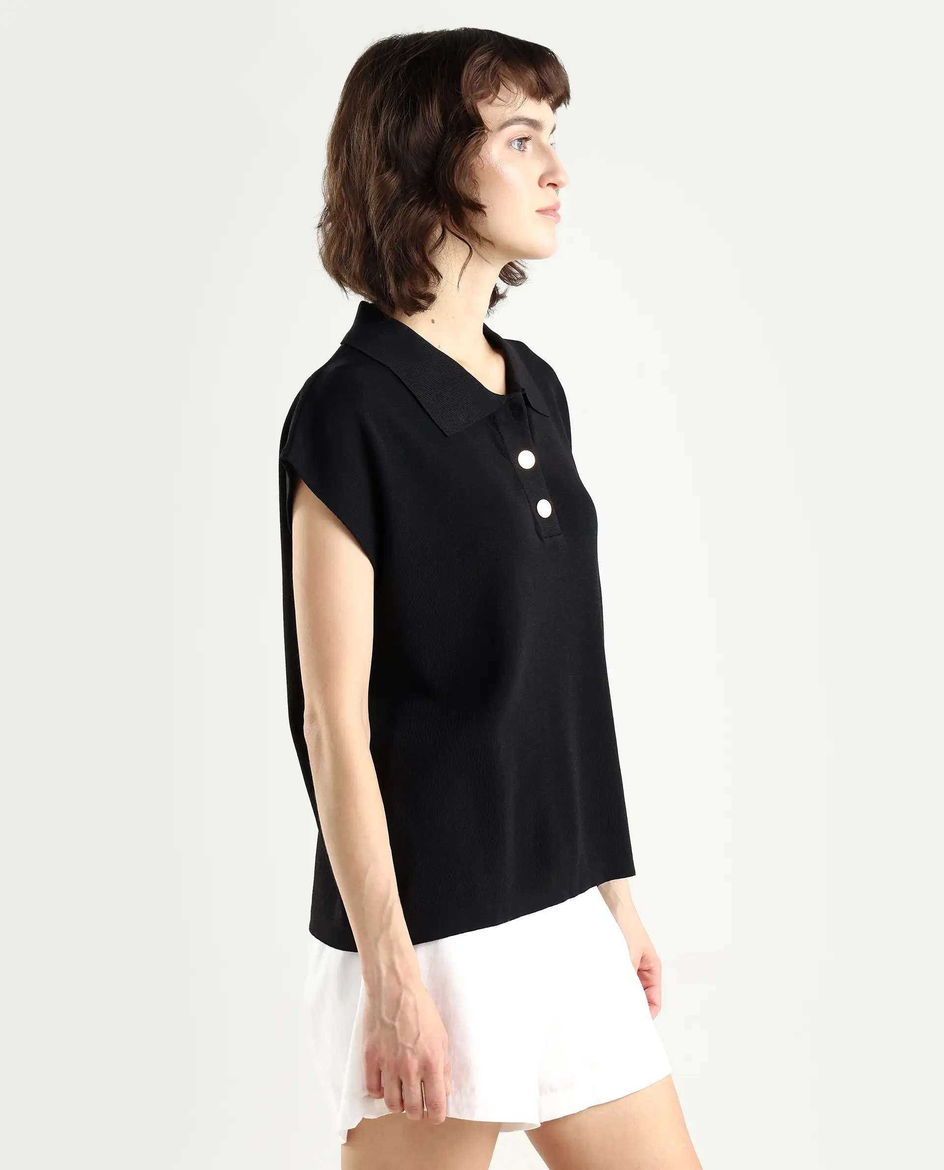 Rareism Women's Prepol Black Viscose Blend Spread Collar Plain Sleeveless Crop Boxy Fit Top - Image 7