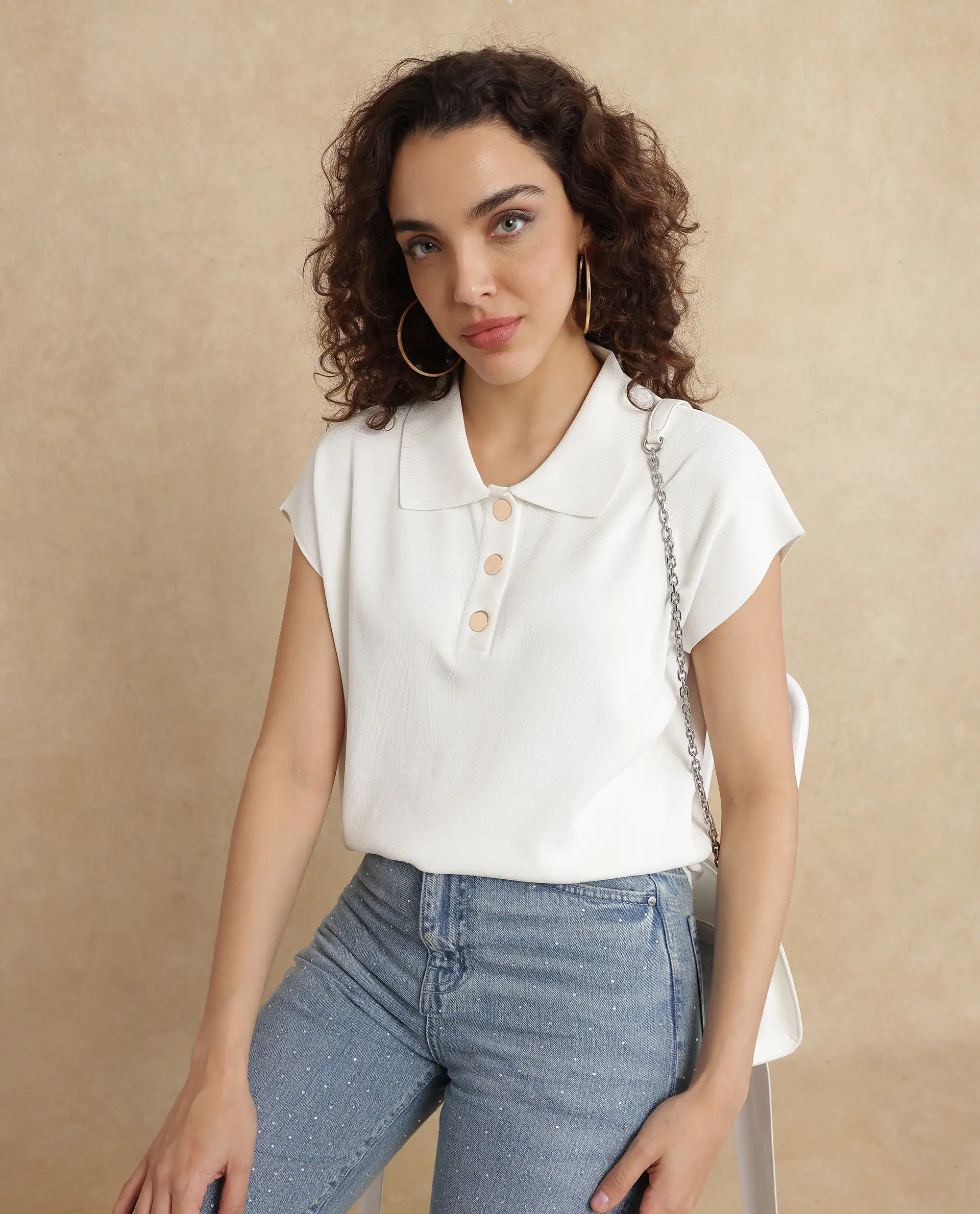 Rareism Women's Prepol Off White Viscose Blend Spread Collar Plain Extended Sleeves Crop Boxy Fit Top