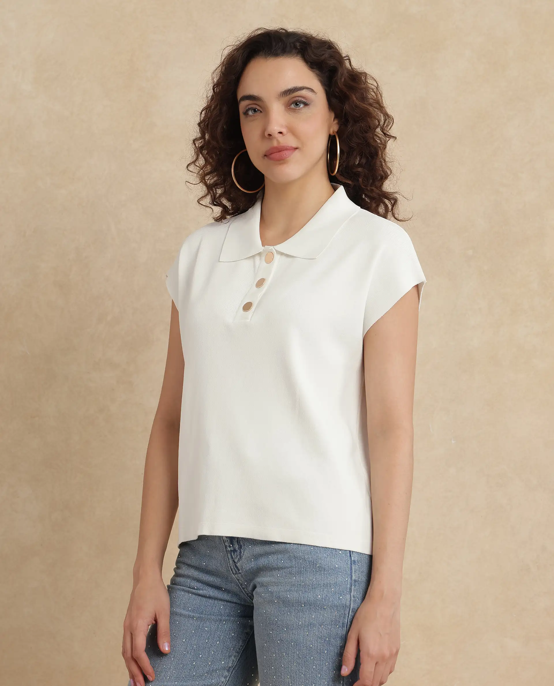 Rareism Women's Prepol Off White Viscose Blend Spread Collar Plain Extended Sleeves Crop Boxy Fit Top - Image 5