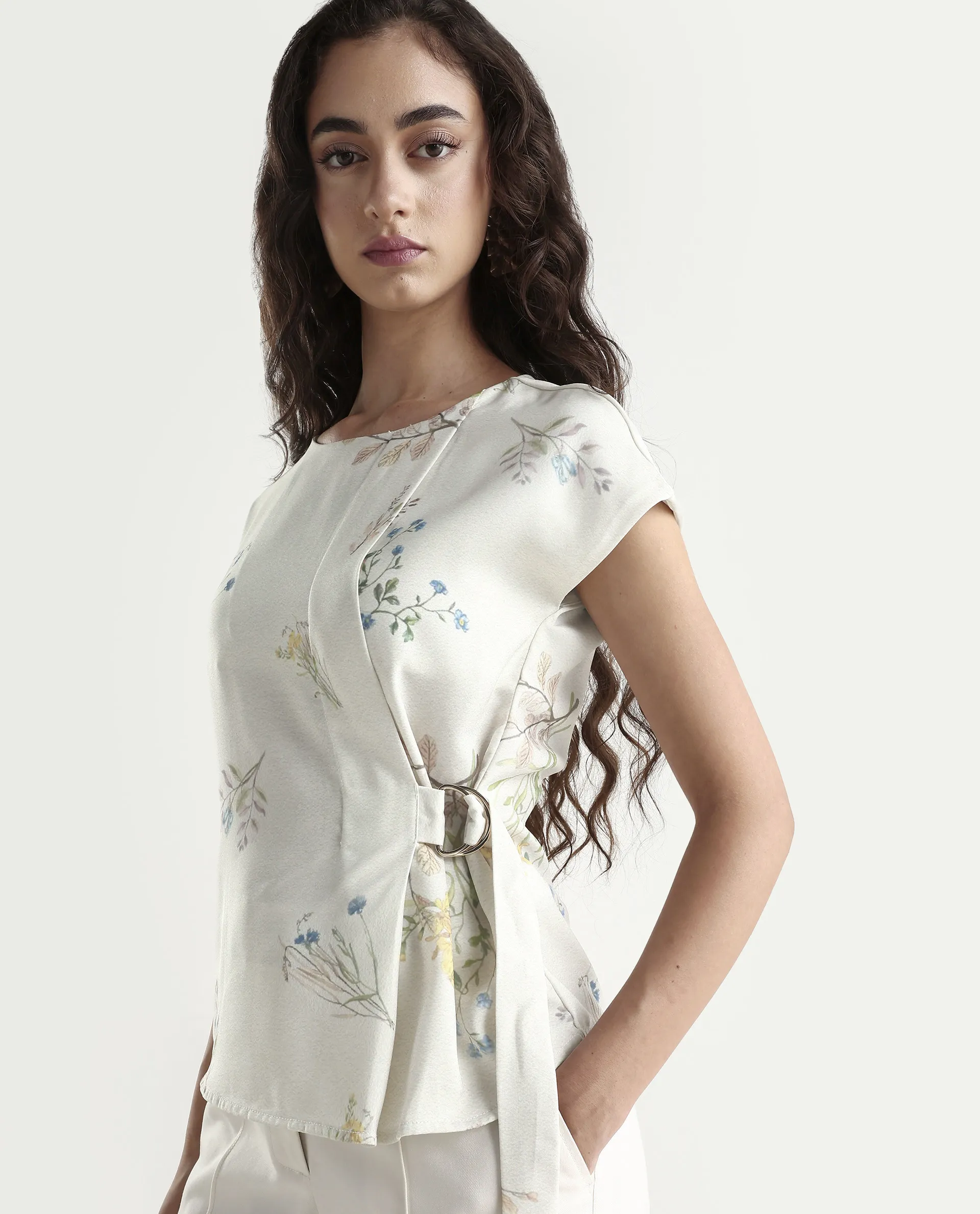 Rareism Women's Prerthi Multi Polyester Round Neck Floral Print Extended Sleeves Regular Fit Top