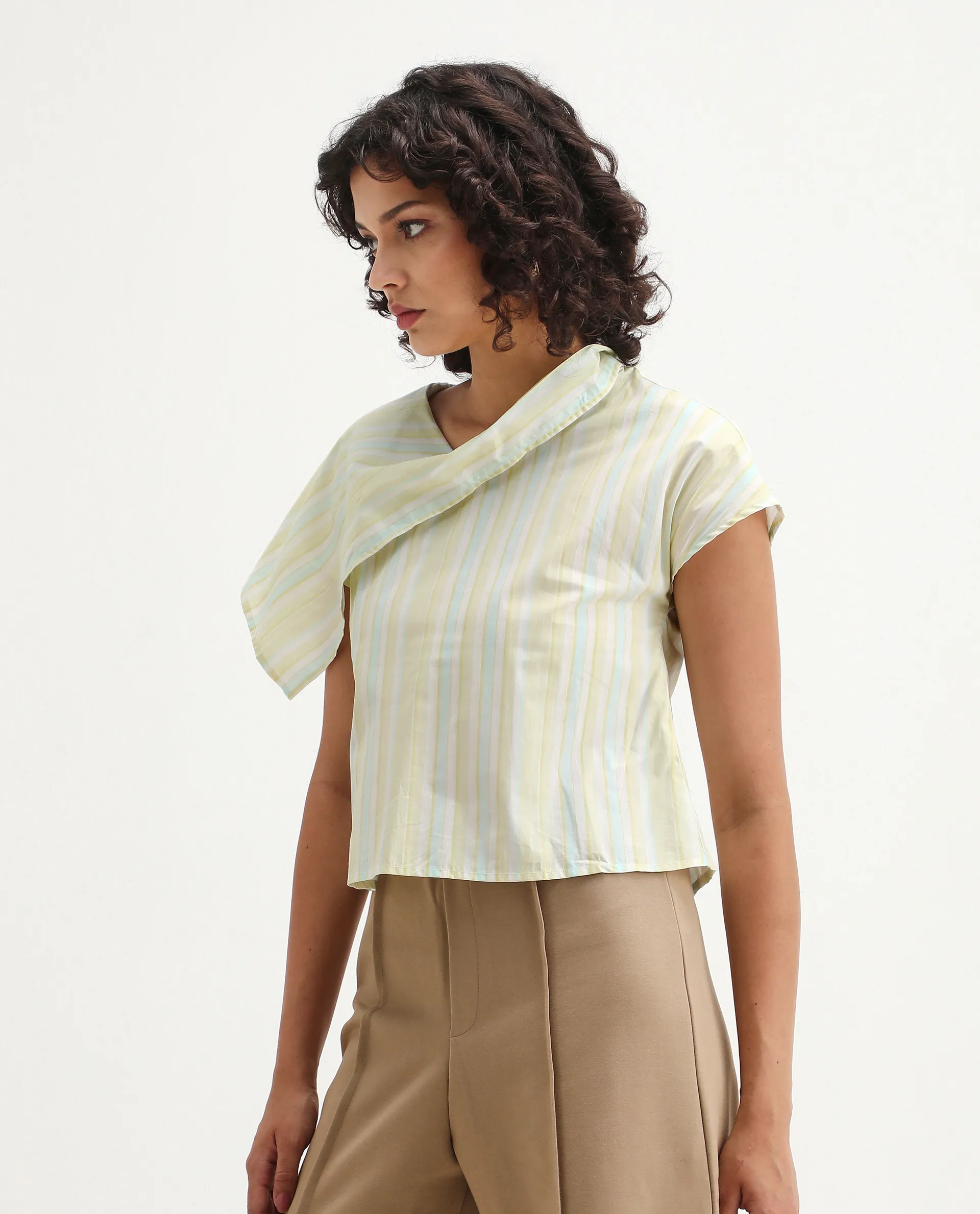 Rareism Women's Prerty Multi Cotton Asymmetric Neck Striped Extended Sleeves Crop Regular Fit Top - Image 3
