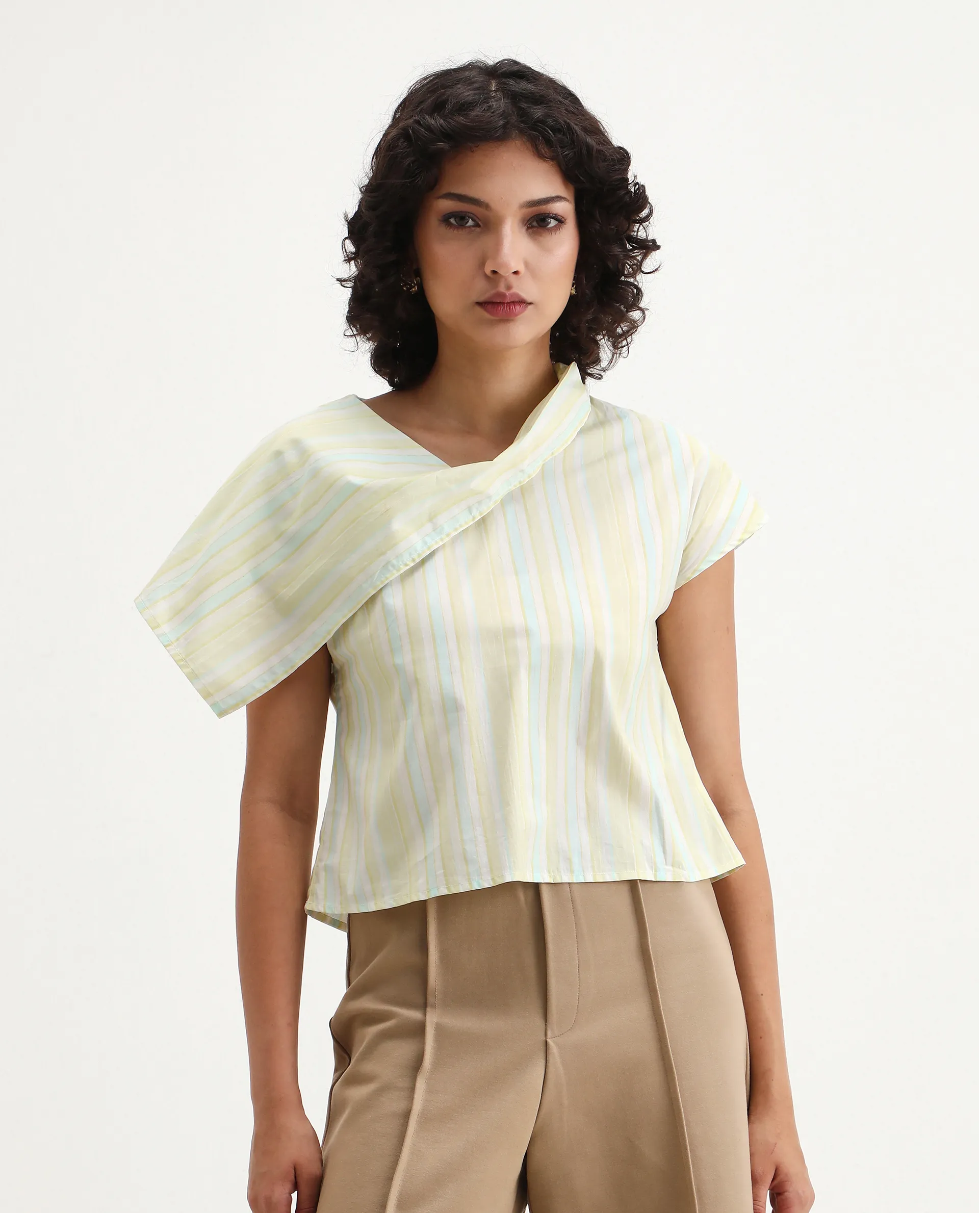 Rareism Women's Prerty Multi Cotton Asymmetric Neck Striped Extended Sleeves Crop Regular Fit Top - Image 6