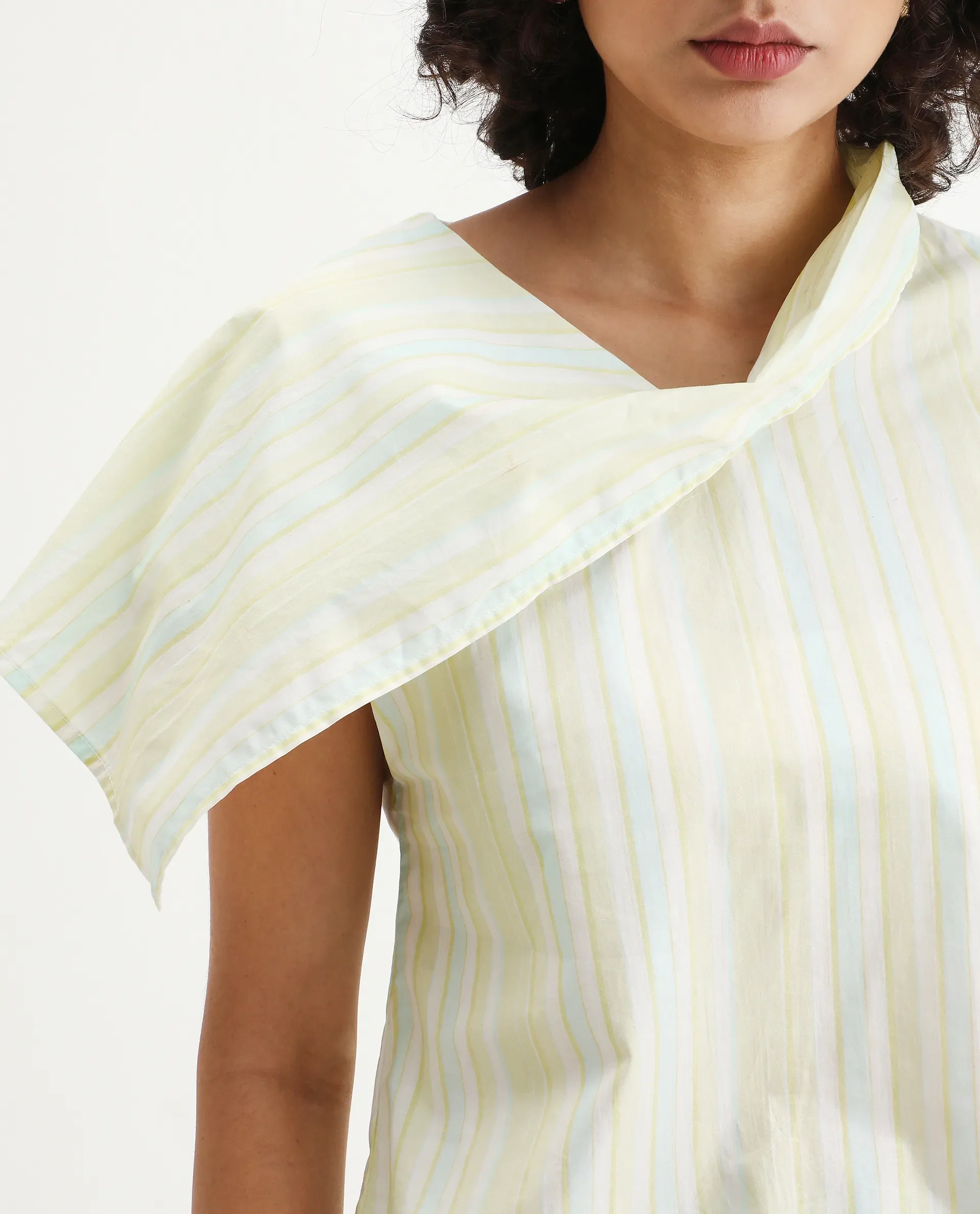 Rareism Women's Prerty Multi Cotton Asymmetric Neck Striped Extended Sleeves Crop Regular Fit Top - Image 7