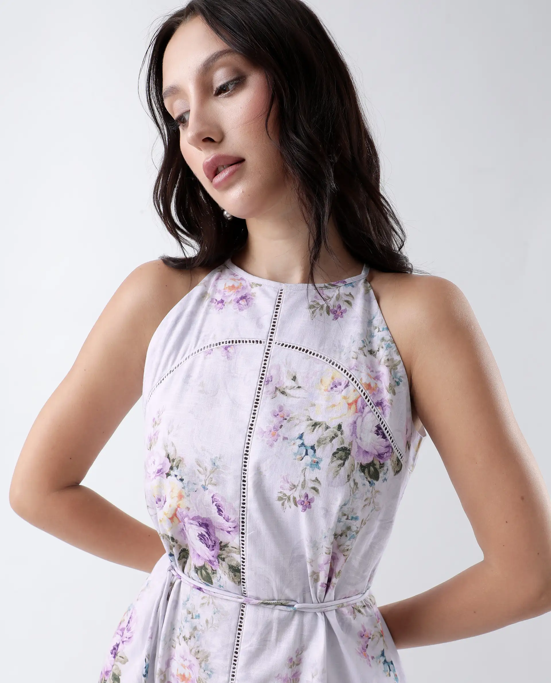 Rareism Women's Preru Purple Cotton Halter Neck Floral Print Sleeveless Maxi Flared Dress - Image 2