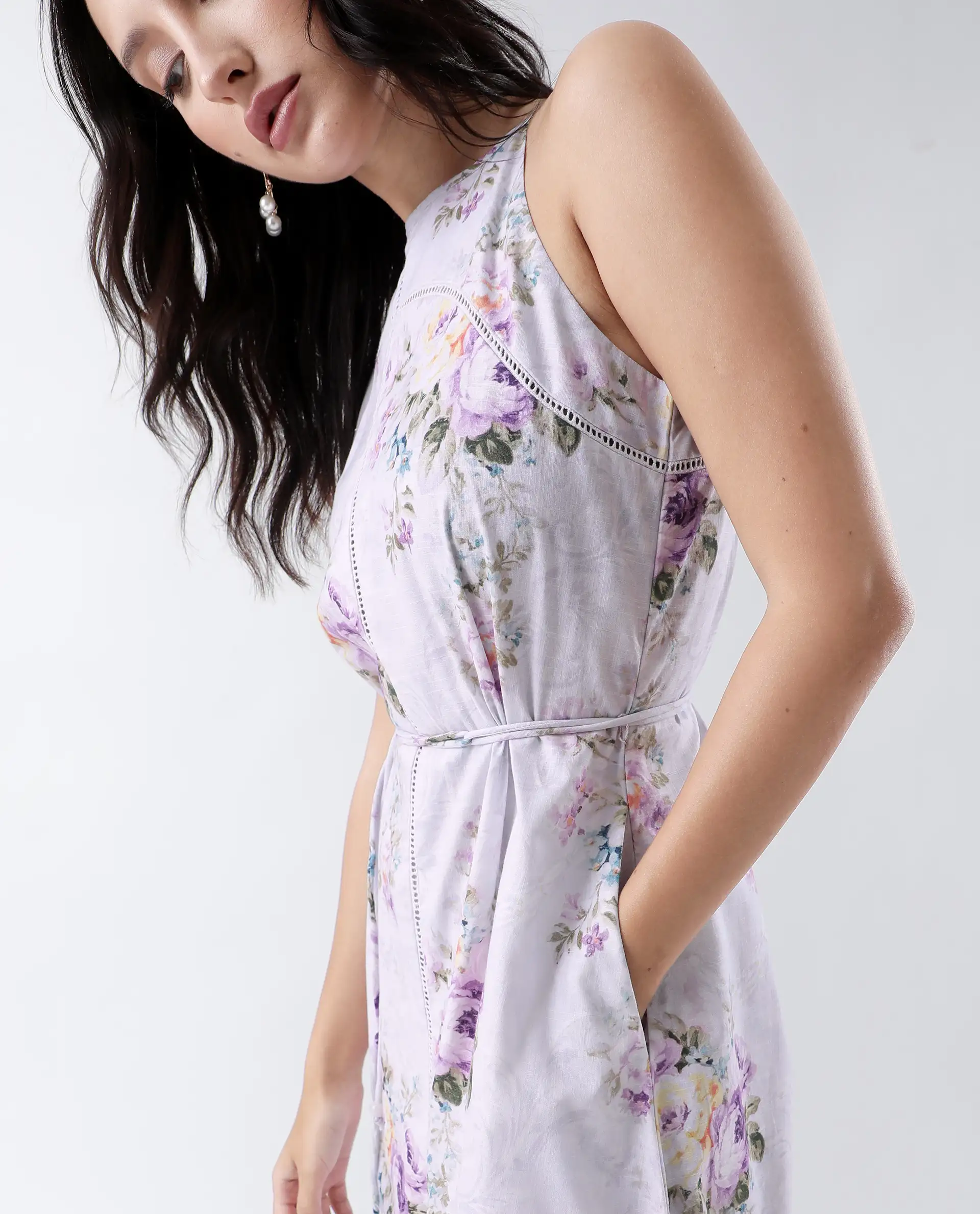 Rareism Women's Preru Purple Cotton Halter Neck Floral Print Sleeveless Maxi Flared Dress - Image 3