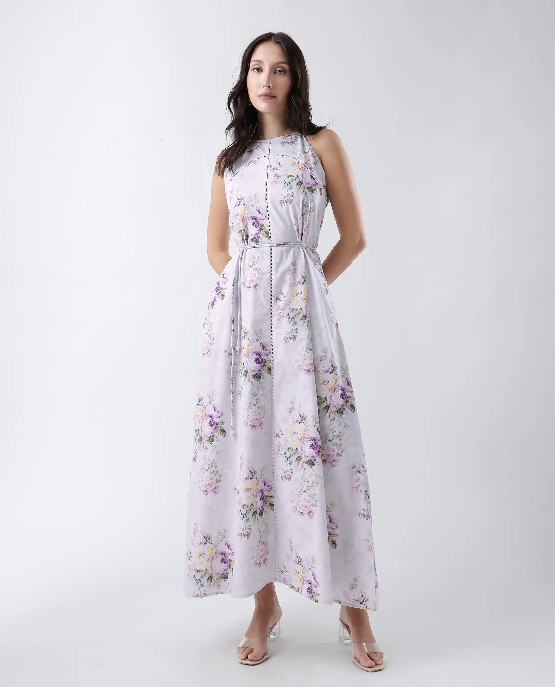 Rareism Women's Preru Purple Cotton Halter Neck Floral Print Sleeveless Maxi Flared Dress - Image 4