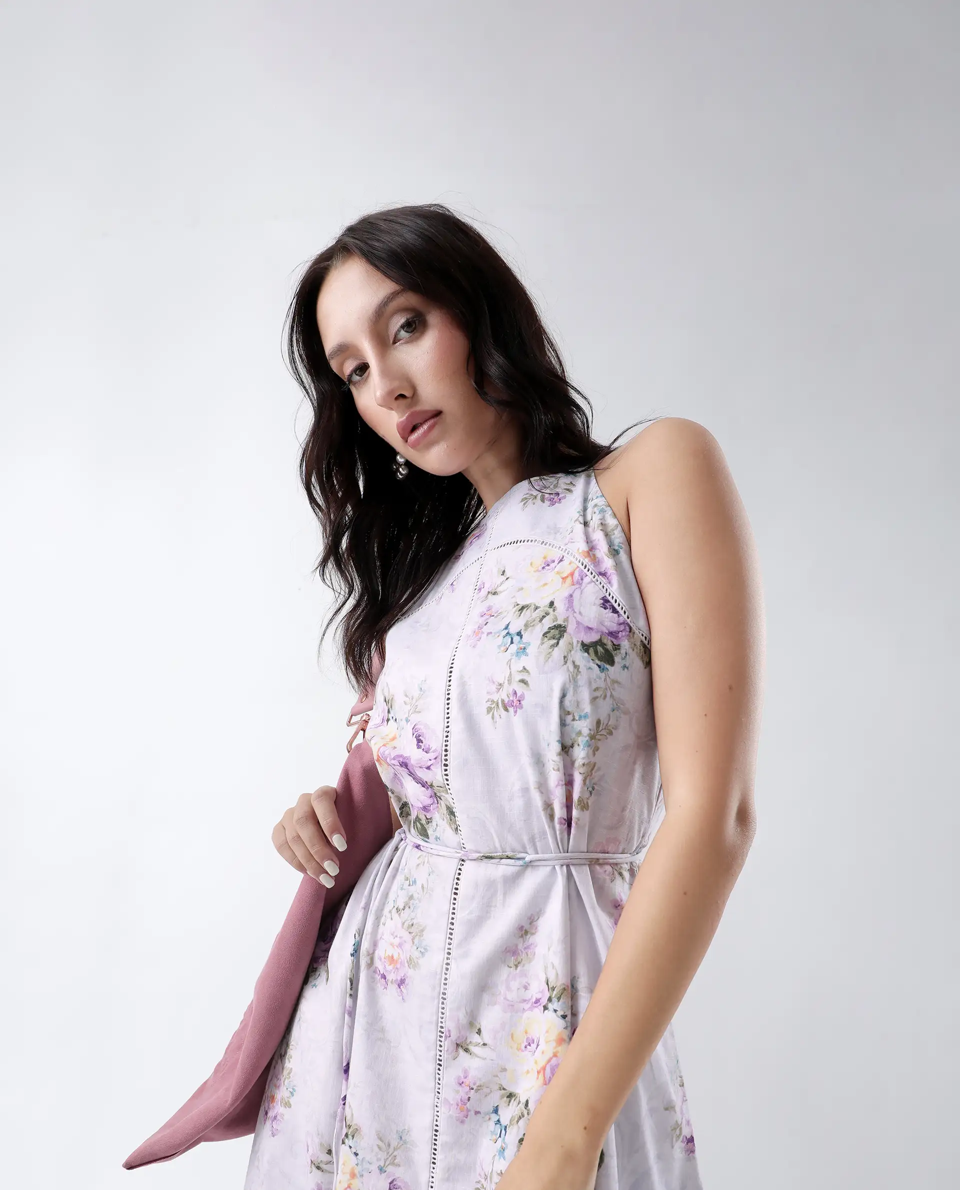 Rareism Women's Preru Purple Cotton Halter Neck Floral Print Sleeveless Maxi Flared Dress - Image 5