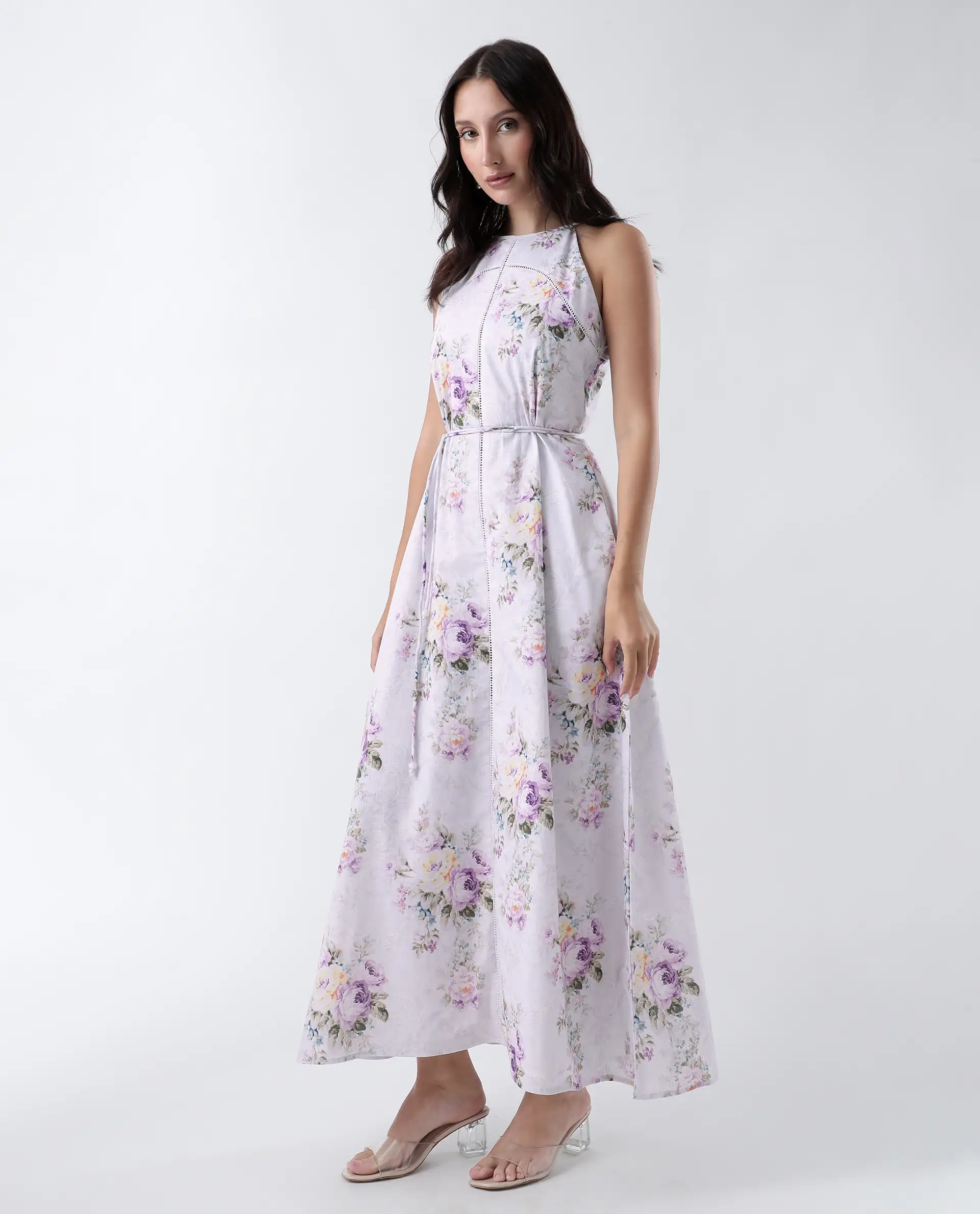 Rareism Women's Preru Purple Cotton Halter Neck Floral Print Sleeveless Maxi Flared Dress - Image 6
