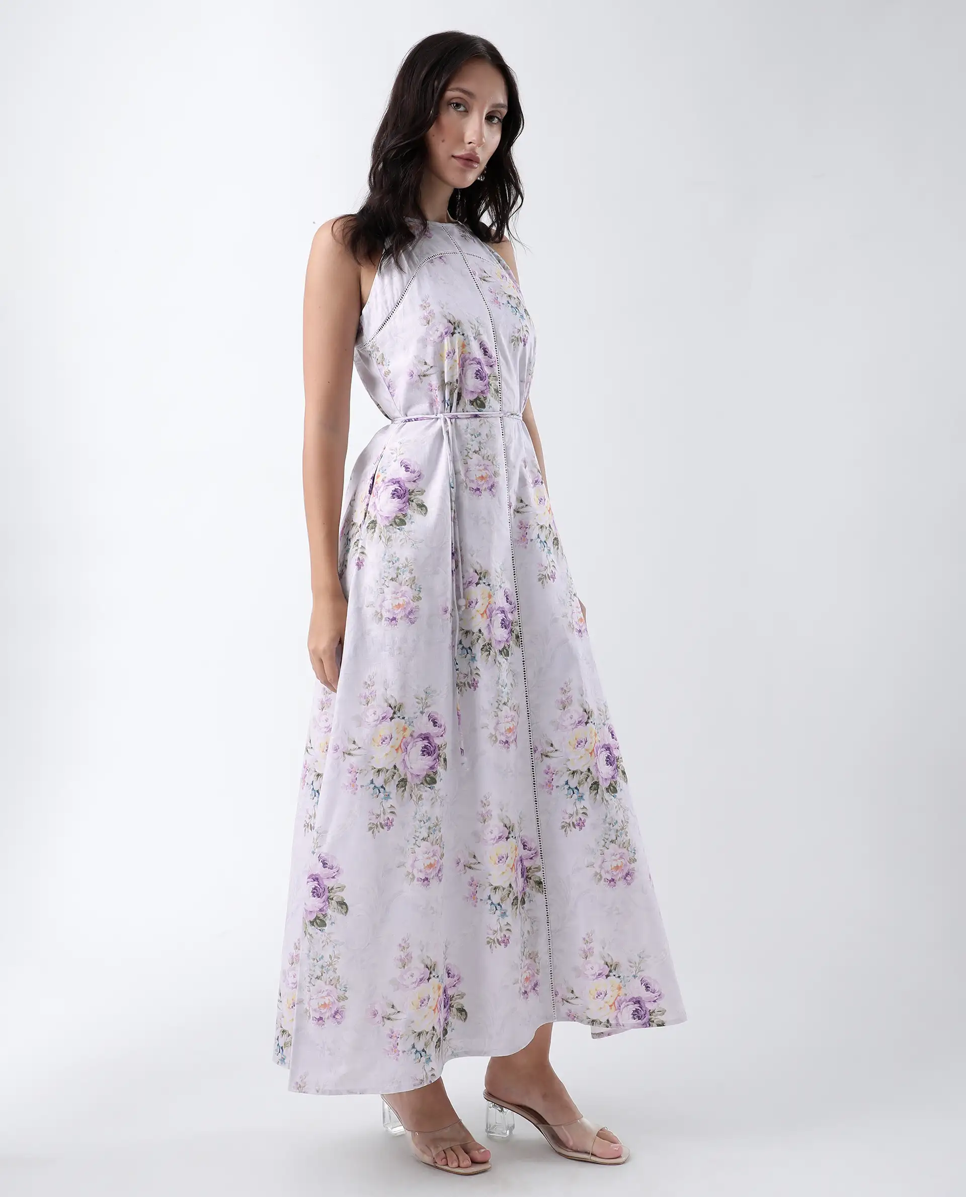 Rareism Women's Preru Purple Cotton Halter Neck Floral Print Sleeveless Maxi Flared Dress - Image 7