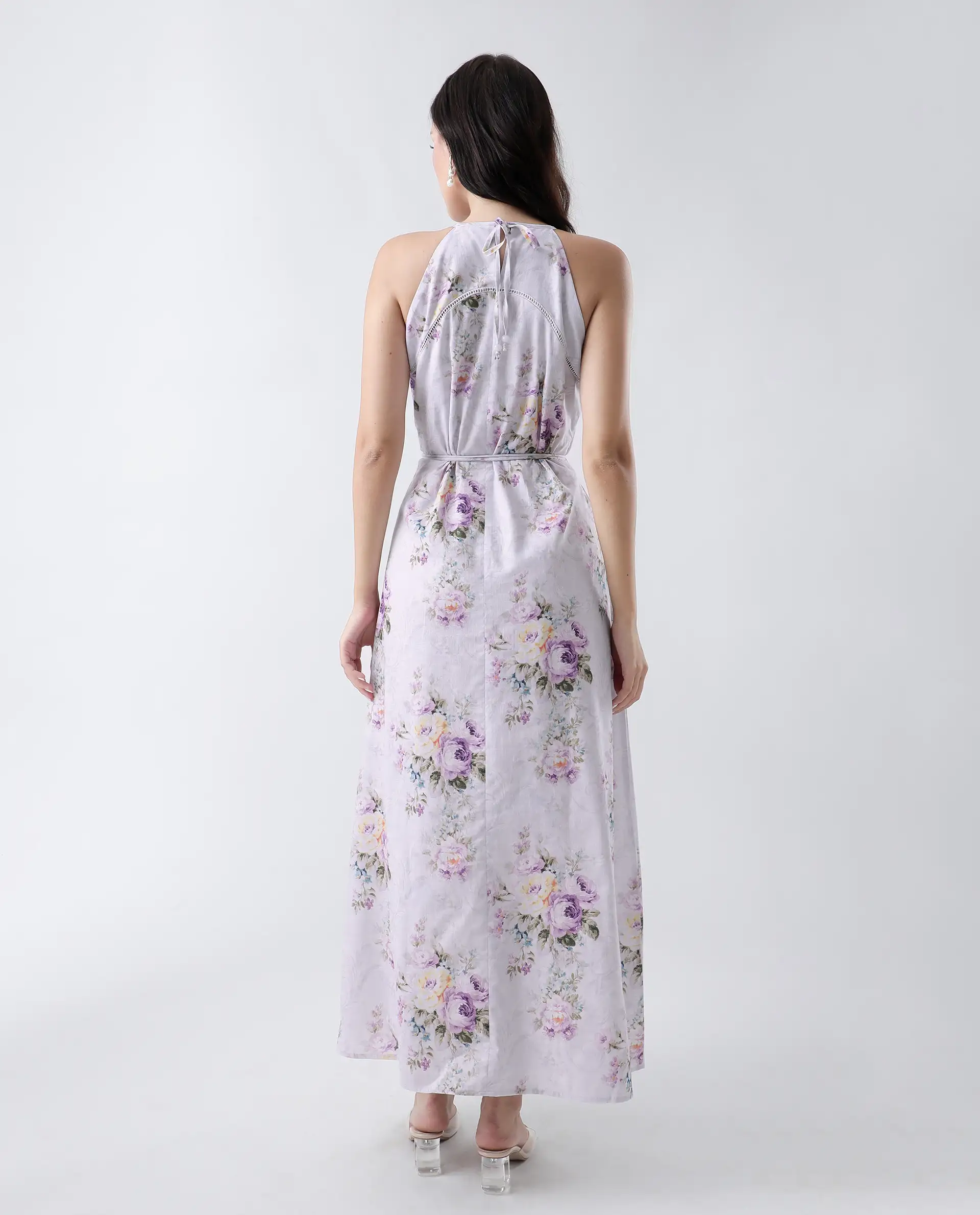 Rareism Women's Preru Purple Cotton Halter Neck Floral Print Sleeveless Maxi Flared Dress - Image 8