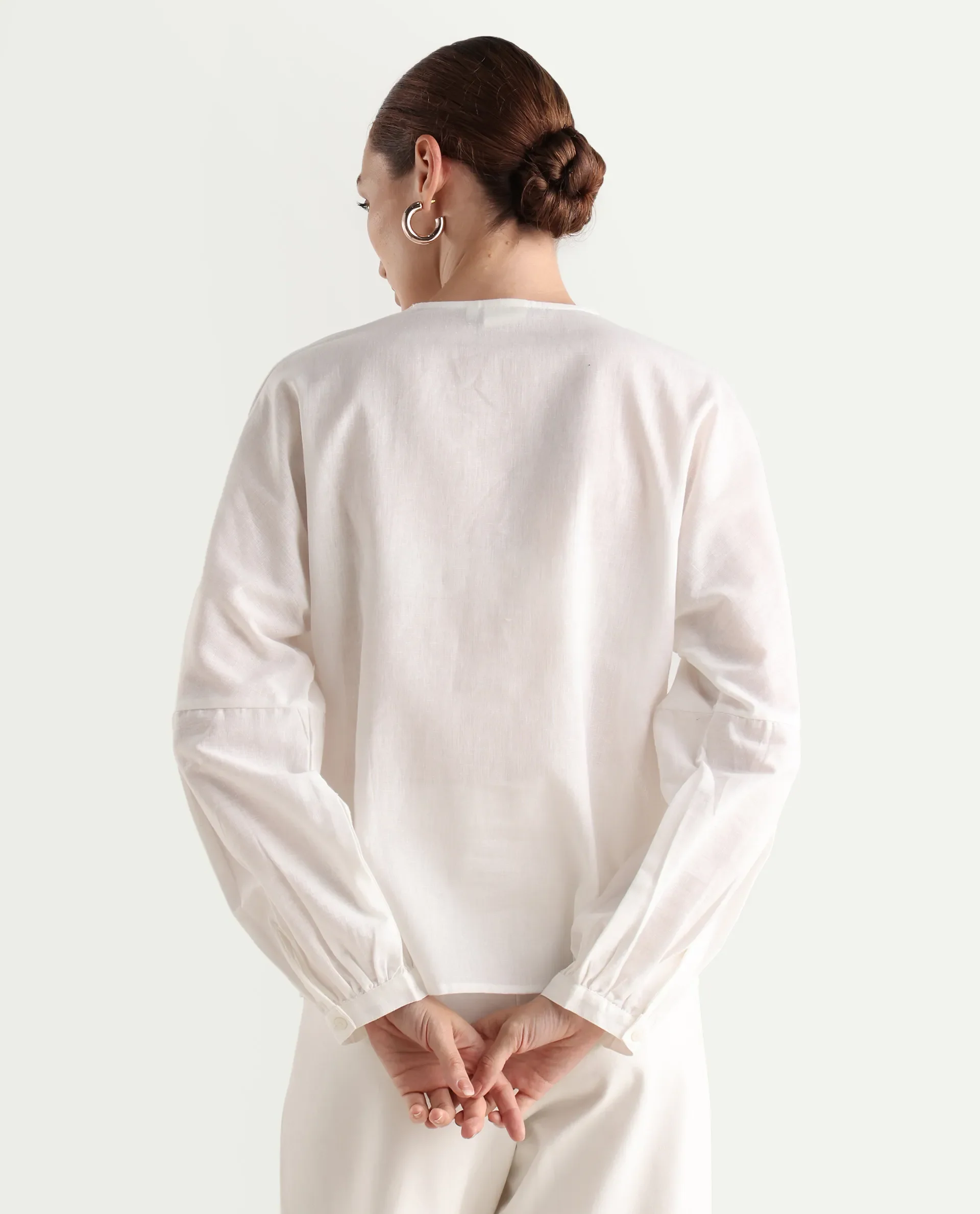 Rareism Women's Present White Cotton Lapel Neck Plain Balloon Sleeve Regular Fit Top - Image 7