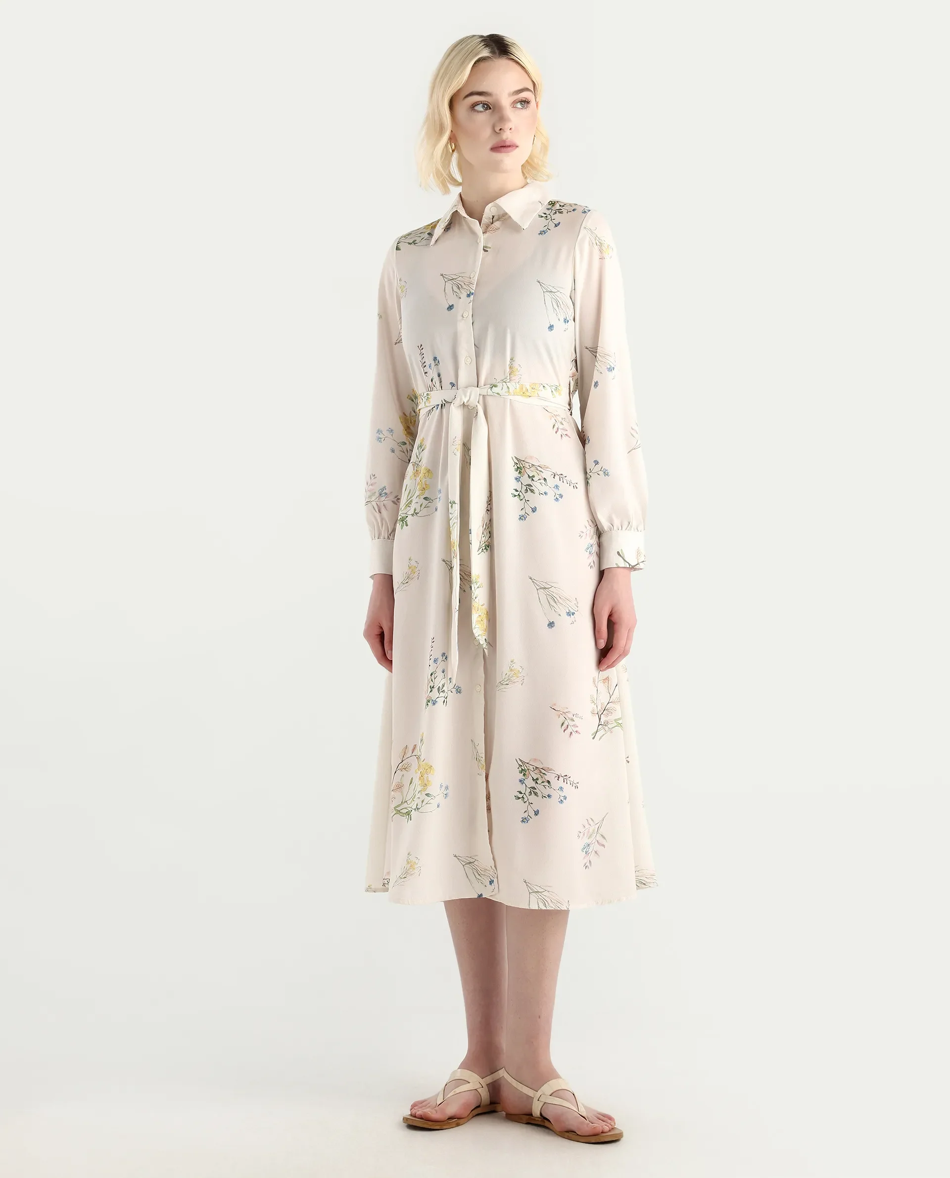 Rareism Women's Presho Multi Polyester Overlap Neck Floral Print Bishop Sleeve Maxi Fit And Flare Dress - Image 2