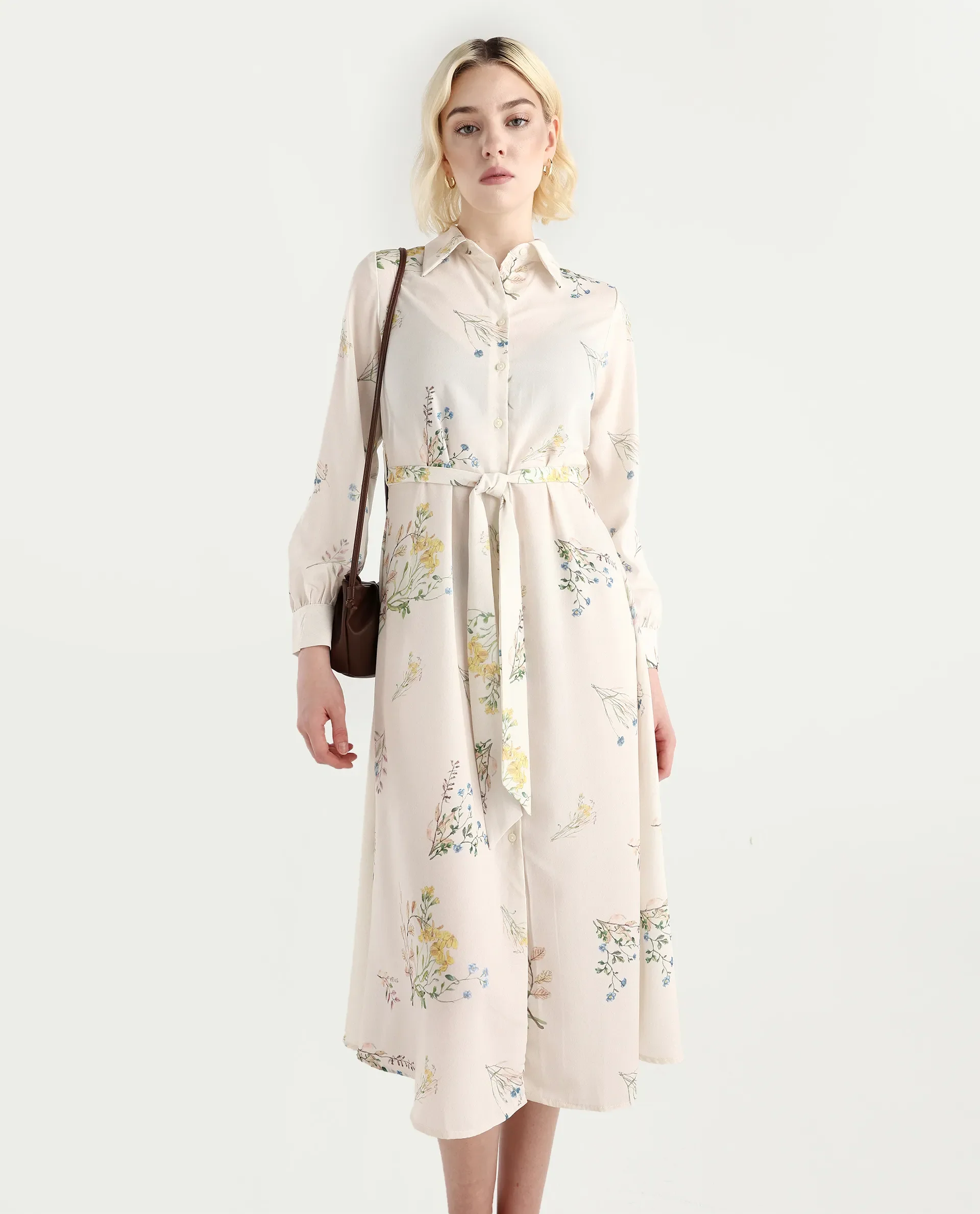 Rareism Women's Presho Multi Polyester Overlap Neck Floral Print Bishop Sleeve Maxi Fit And Flare Dress - Image 3