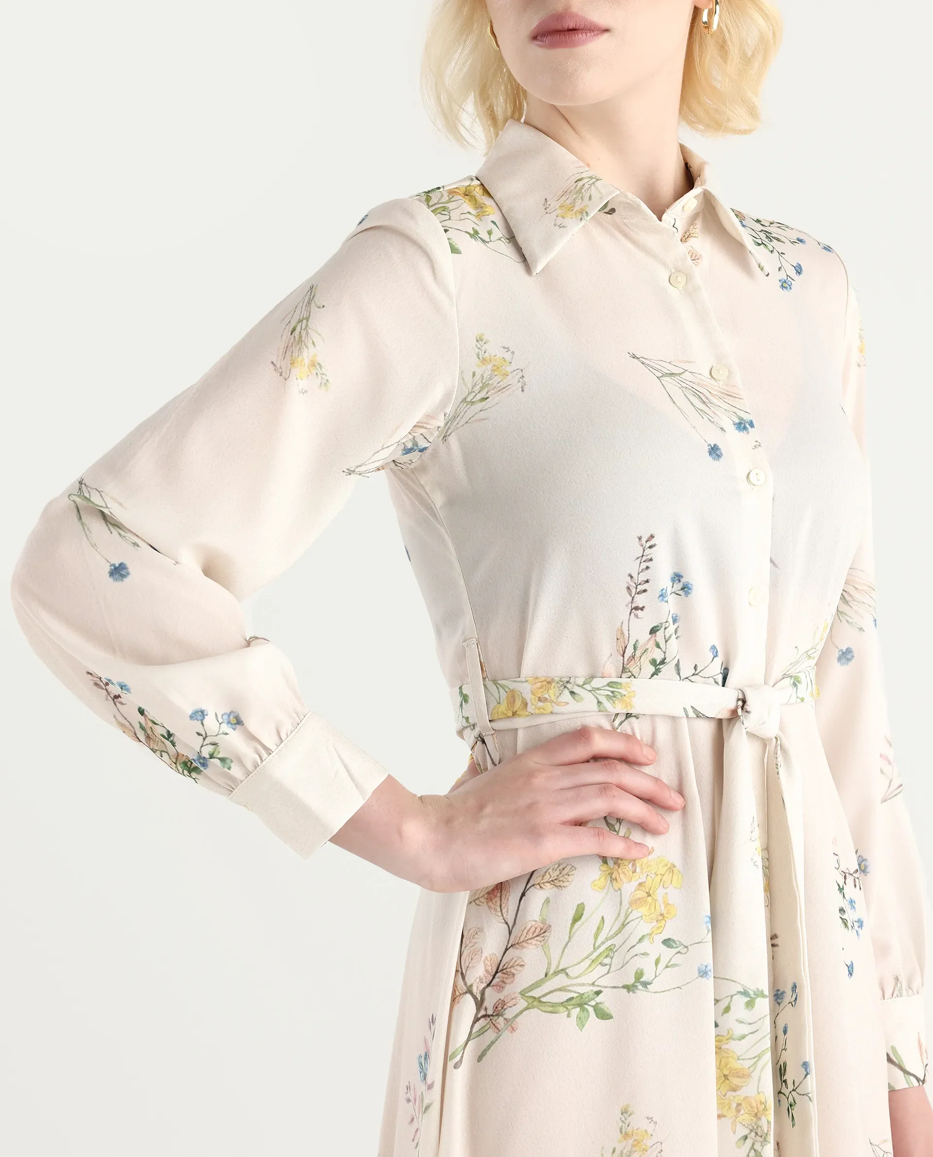 Rareism Women's Presho Multi Polyester Overlap Neck Floral Print Bishop Sleeve Maxi Fit And Flare Dress - Image 4