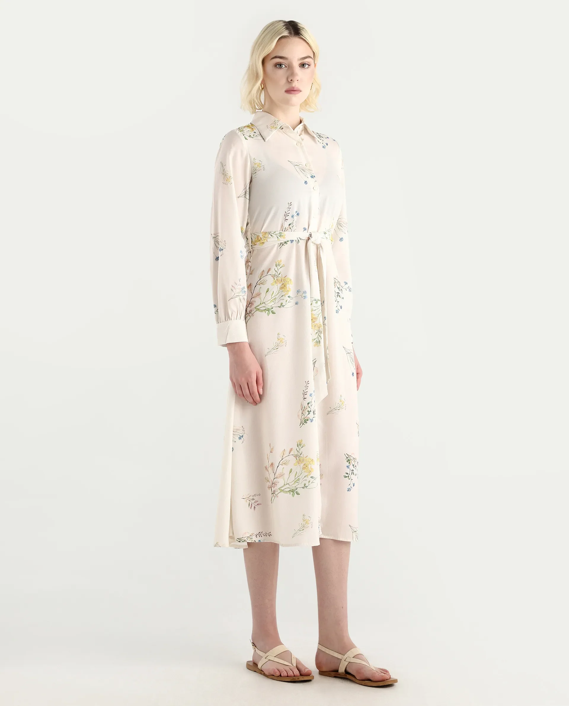 Rareism Women's Presho Multi Polyester Overlap Neck Floral Print Bishop Sleeve Maxi Fit And Flare Dress - Image 5