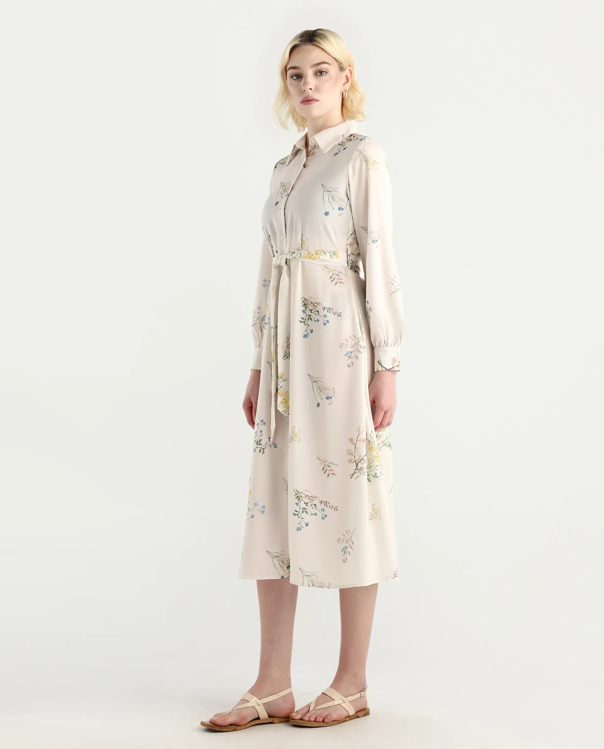 Rareism Women's Presho Multi Polyester Overlap Neck Floral Print Bishop Sleeve Maxi Fit And Flare Dress - Image 6