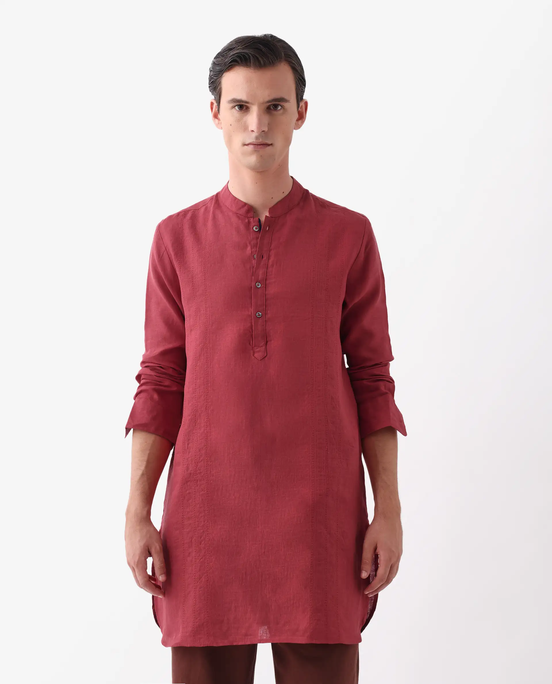 Rare Rabbit Men's President Red 100% Linen Plain Regular Fit Full Sleeve Mandarin Collar Kurta