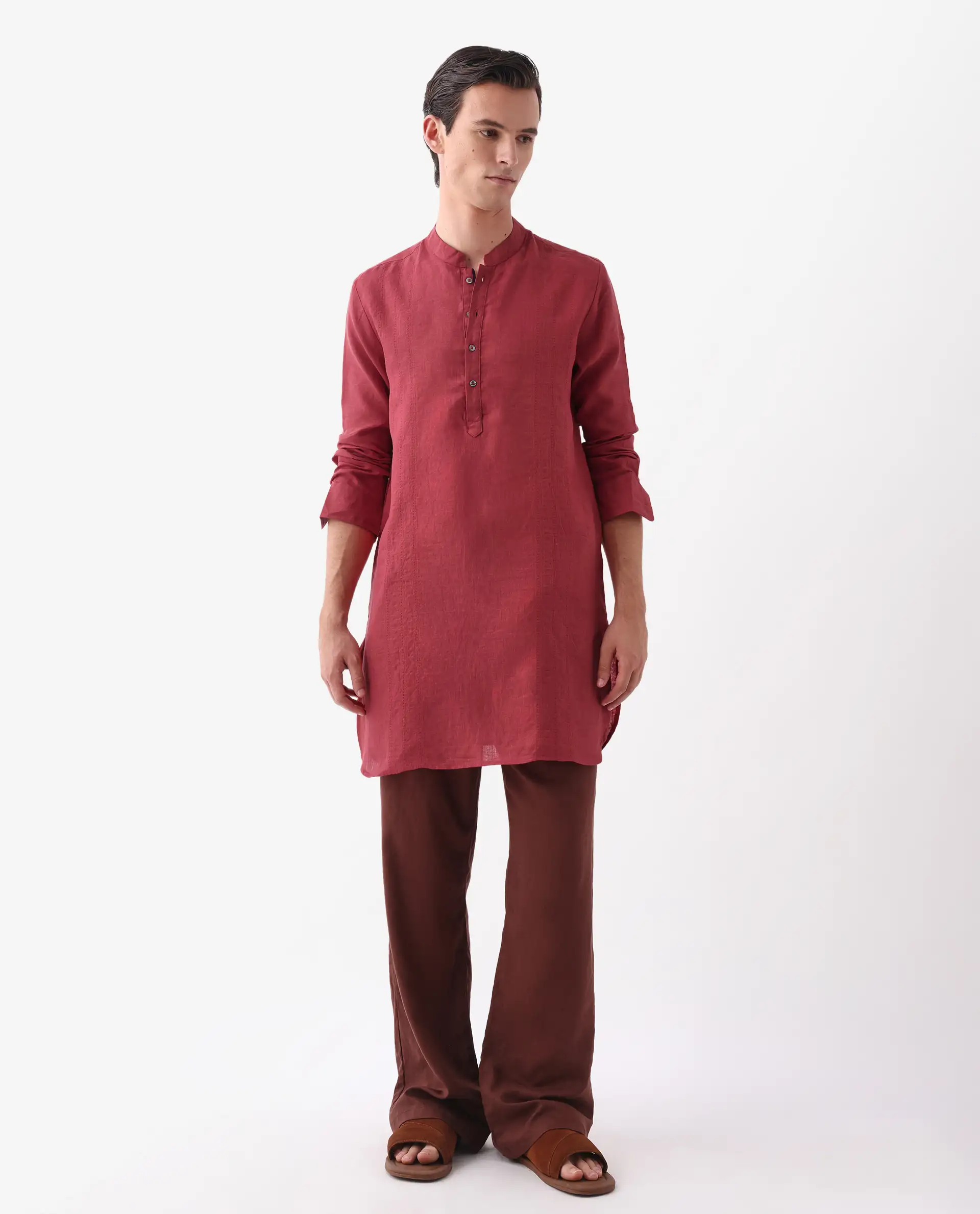 Rare Rabbit Men's President Red 100% Linen Plain Regular Fit Full Sleeve Mandarin Collar Kurta - Image 2