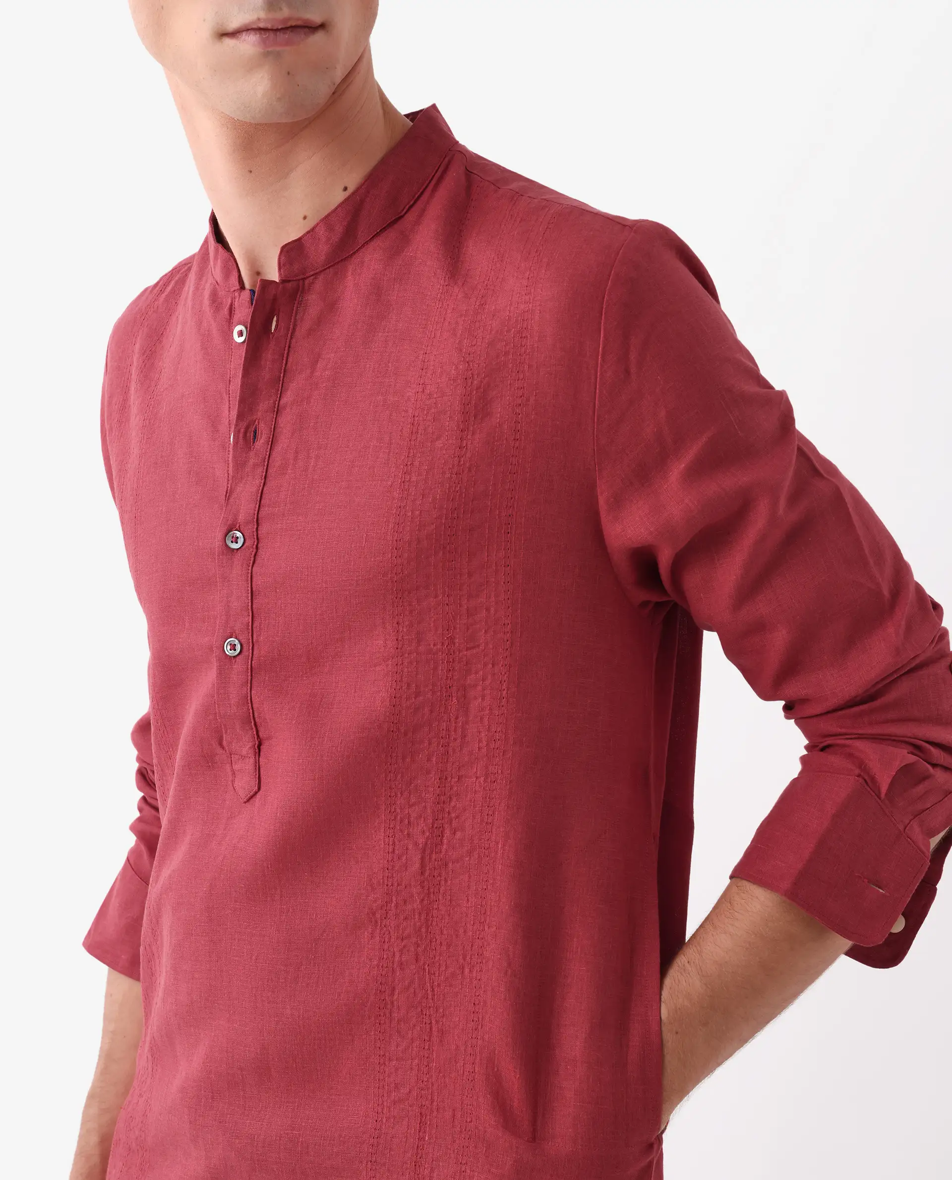 Rare Rabbit Men's President Red 100% Linen Plain Regular Fit Full Sleeve Mandarin Collar Kurta - Image 3