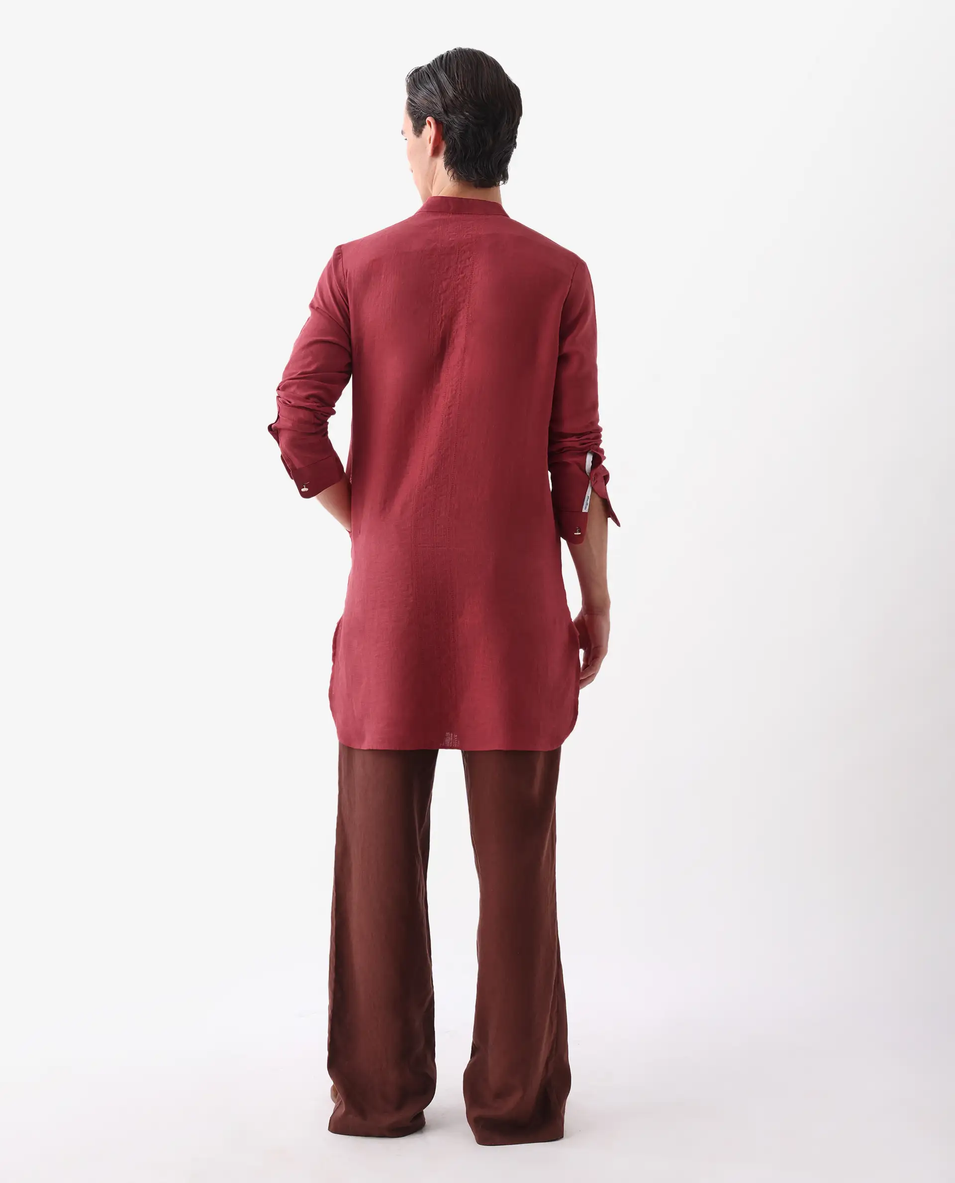 Rare Rabbit Men's President Red 100% Linen Plain Regular Fit Full Sleeve Mandarin Collar Kurta - Image 4