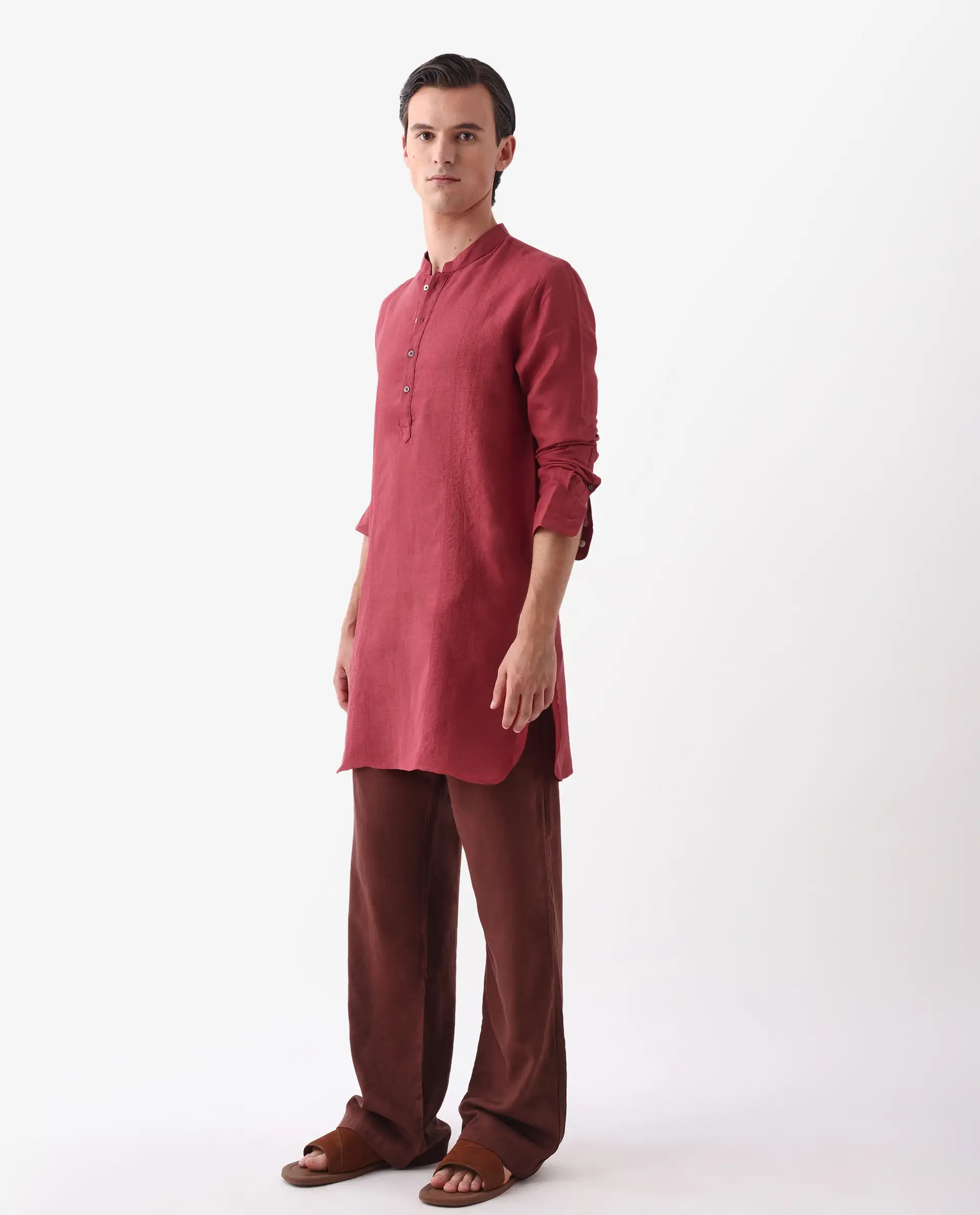 Rare Rabbit Men's President Red 100% Linen Plain Regular Fit Full Sleeve Mandarin Collar Kurta - Image 5