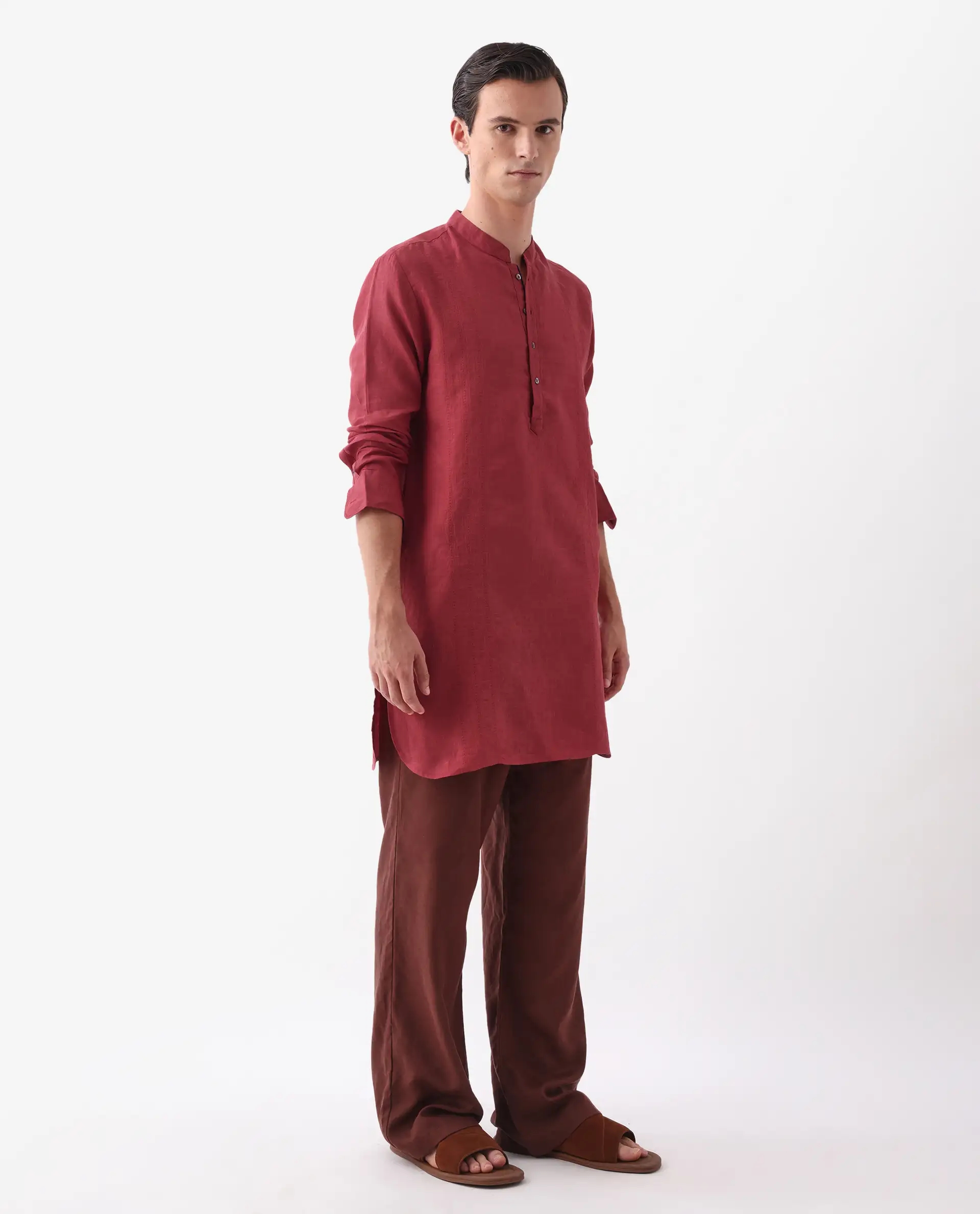 Rare Rabbit Men's President Red 100% Linen Plain Regular Fit Full Sleeve Mandarin Collar Kurta - Image 6