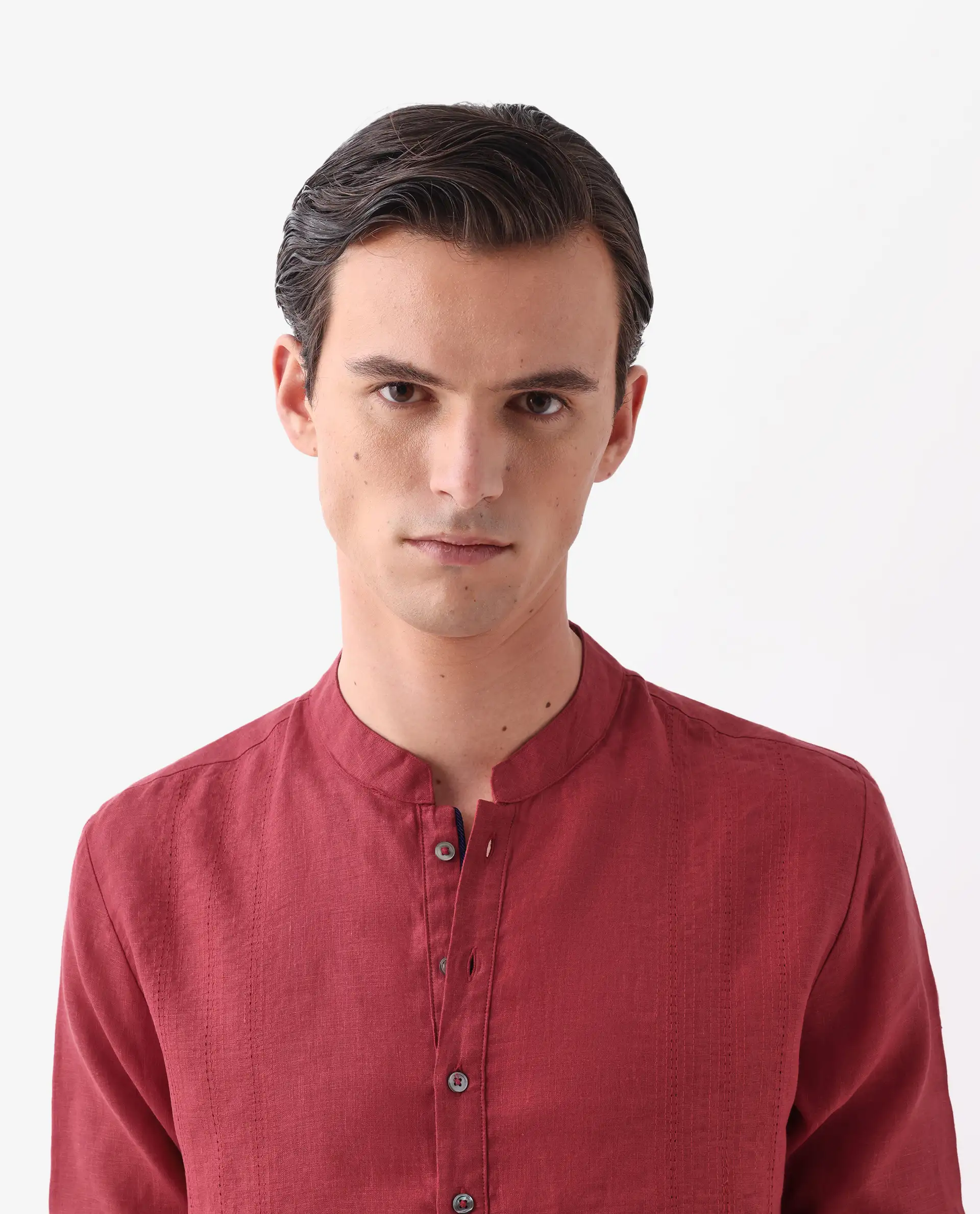 Rare Rabbit Men's President Red 100% Linen Plain Regular Fit Full Sleeve Mandarin Collar Kurta - Image 7