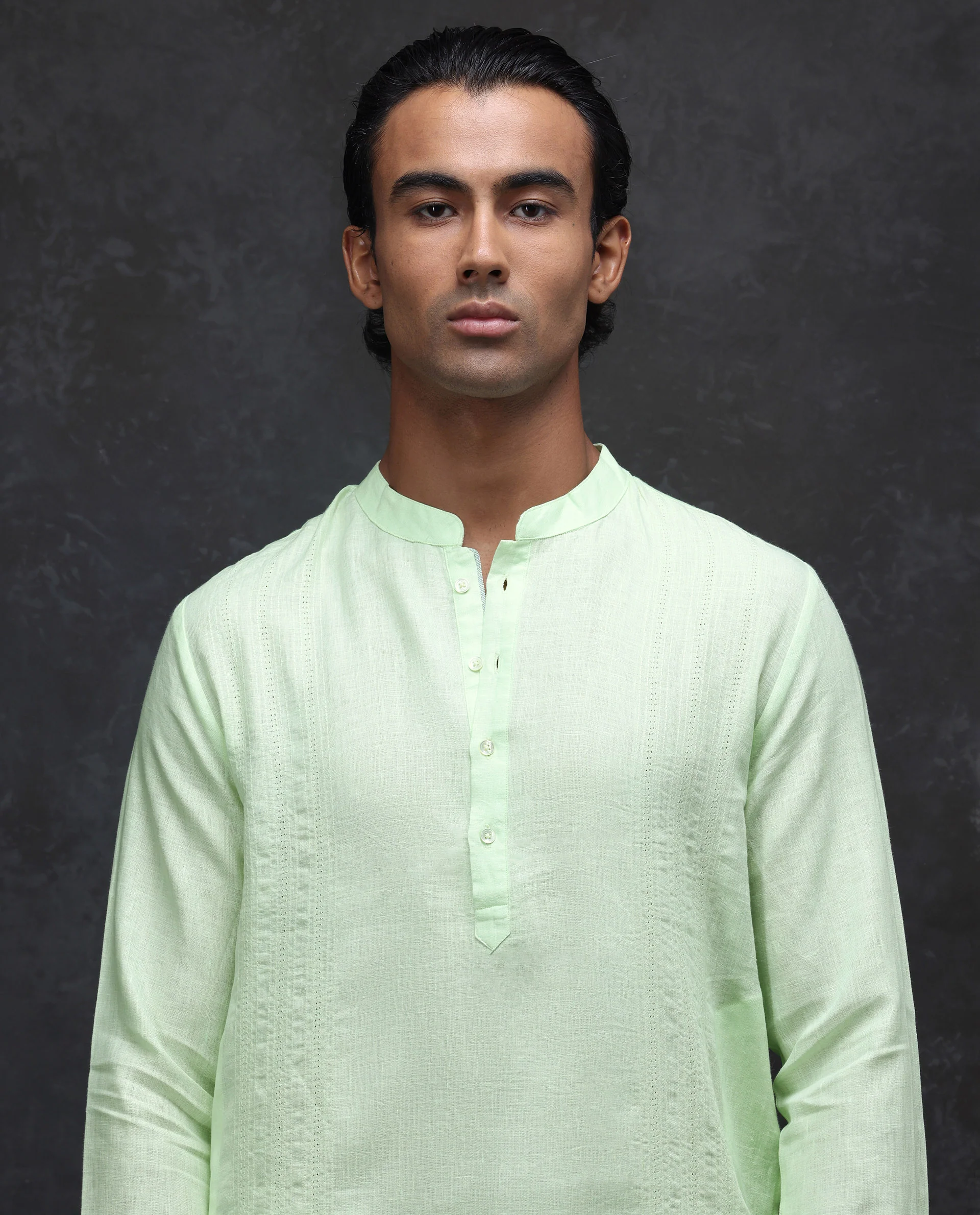 Rare Rabbit Men's President Lime 100% Linen Plain Regular Fit Full Sleeve Mandarin Collar Kurta - Image 2