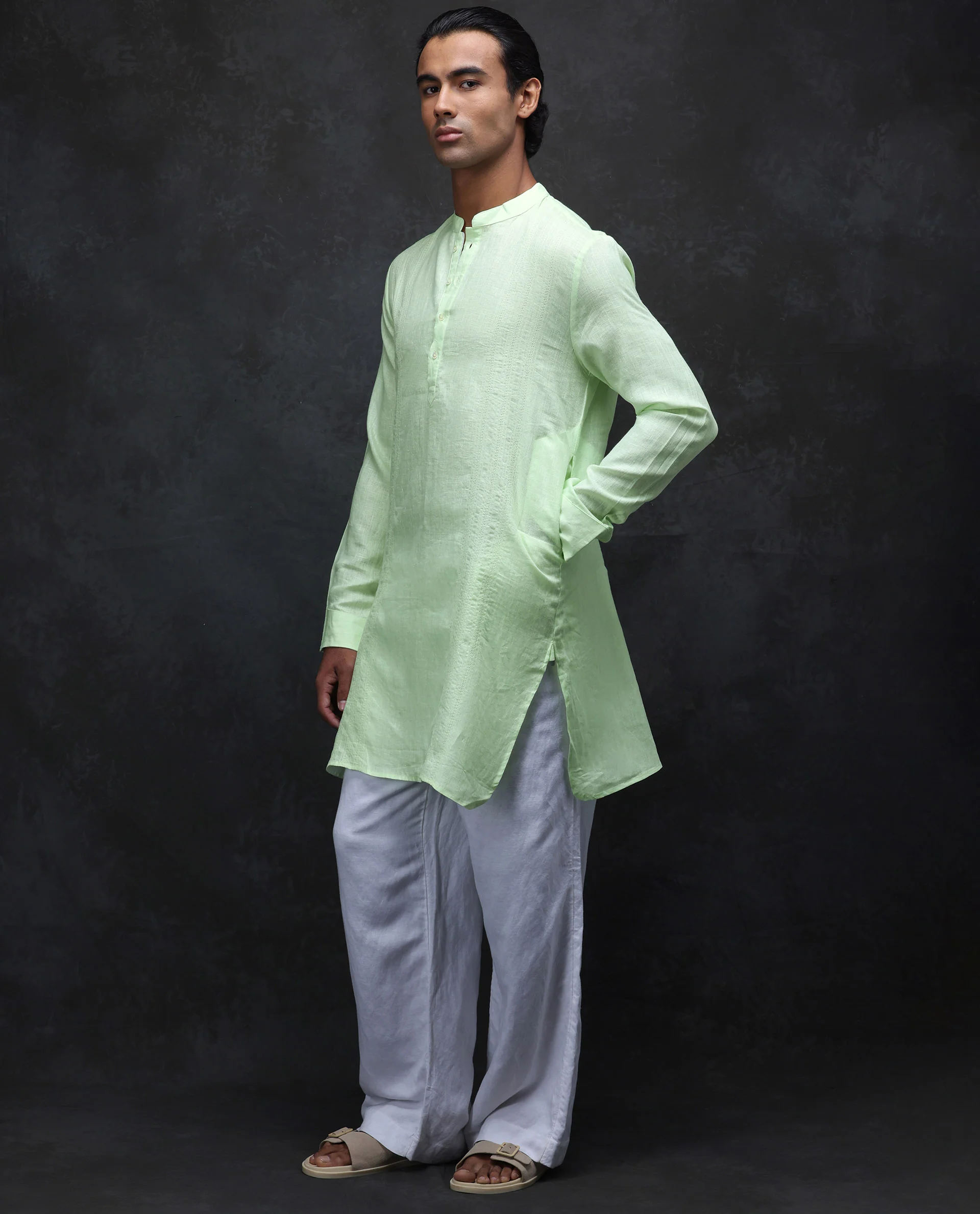 Rare Rabbit Men's President Lime 100% Linen Plain Regular Fit Full Sleeve Mandarin Collar Kurta - Image 3