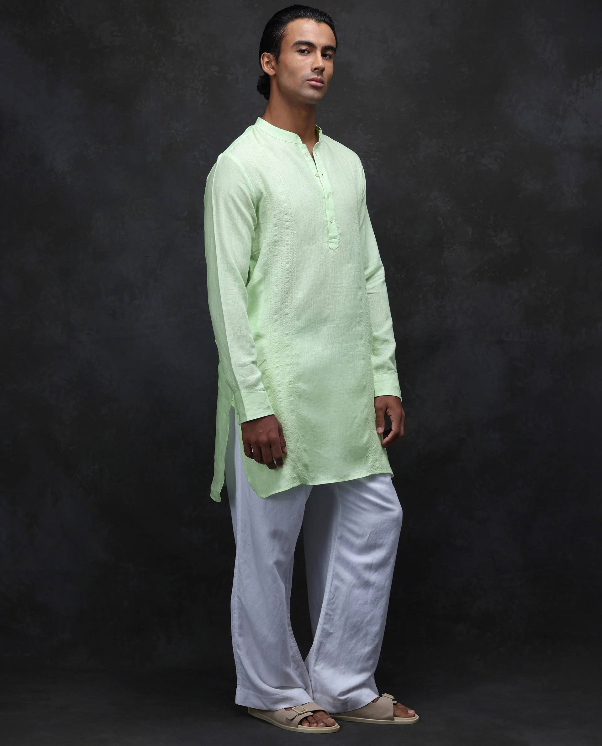 Rare Rabbit Men's President Lime 100% Linen Plain Regular Fit Full Sleeve Mandarin Collar Kurta - Image 4