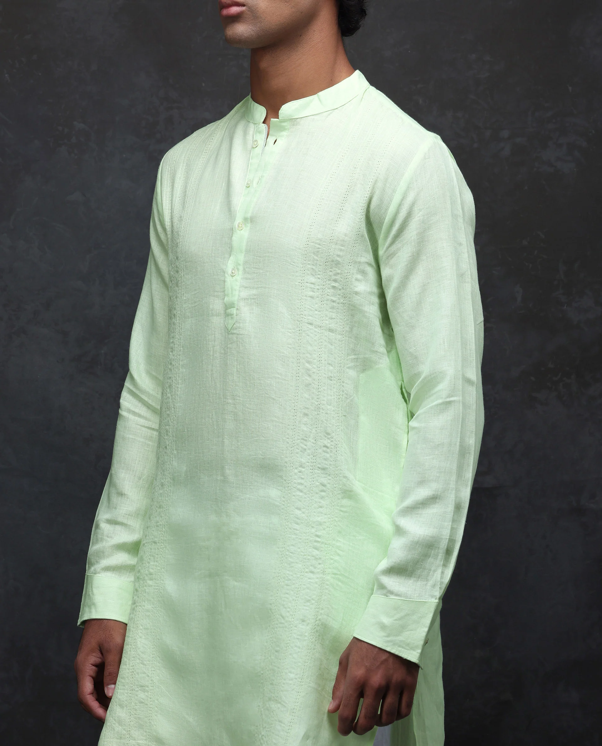 Rare Rabbit Men's President Lime 100% Linen Plain Regular Fit Full Sleeve Mandarin Collar Kurta - Image 5