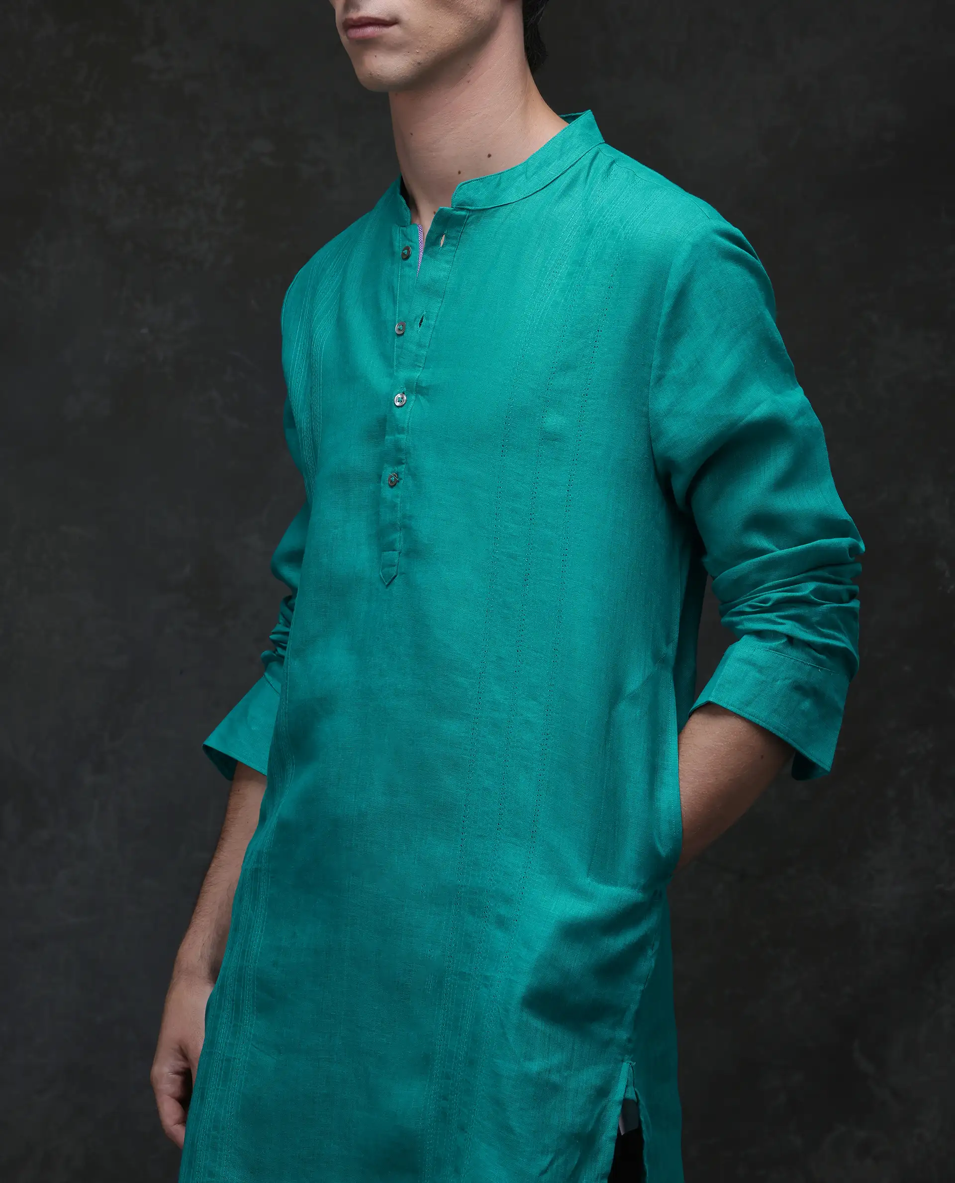 Rare Rabbit Men's President Green 100% Linen Plain Regular Fit Full Sleeve Mandarin Collar Kurta - Image 3