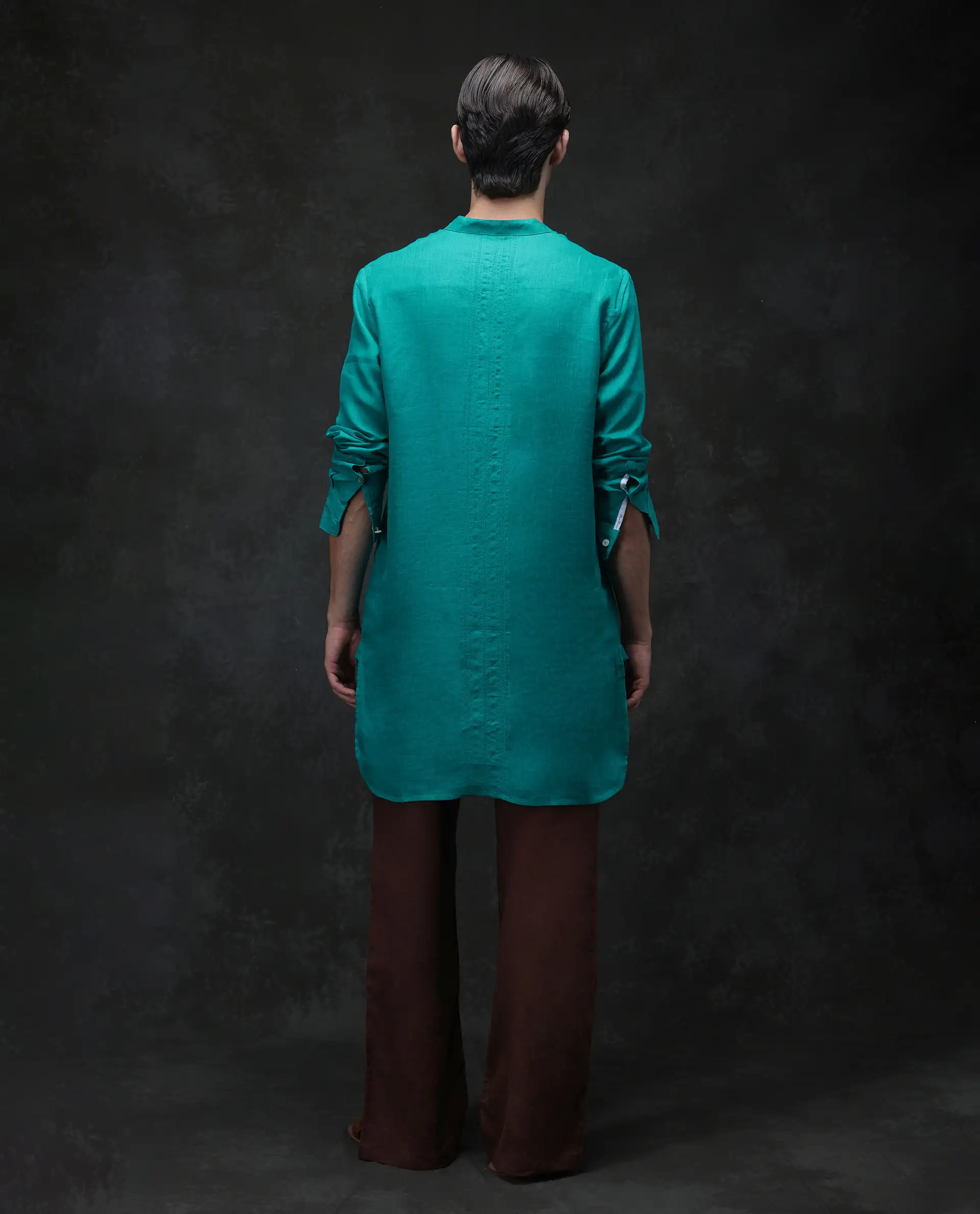 Rare Rabbit Men's President Green 100% Linen Plain Regular Fit Full Sleeve Mandarin Collar Kurta - Image 4