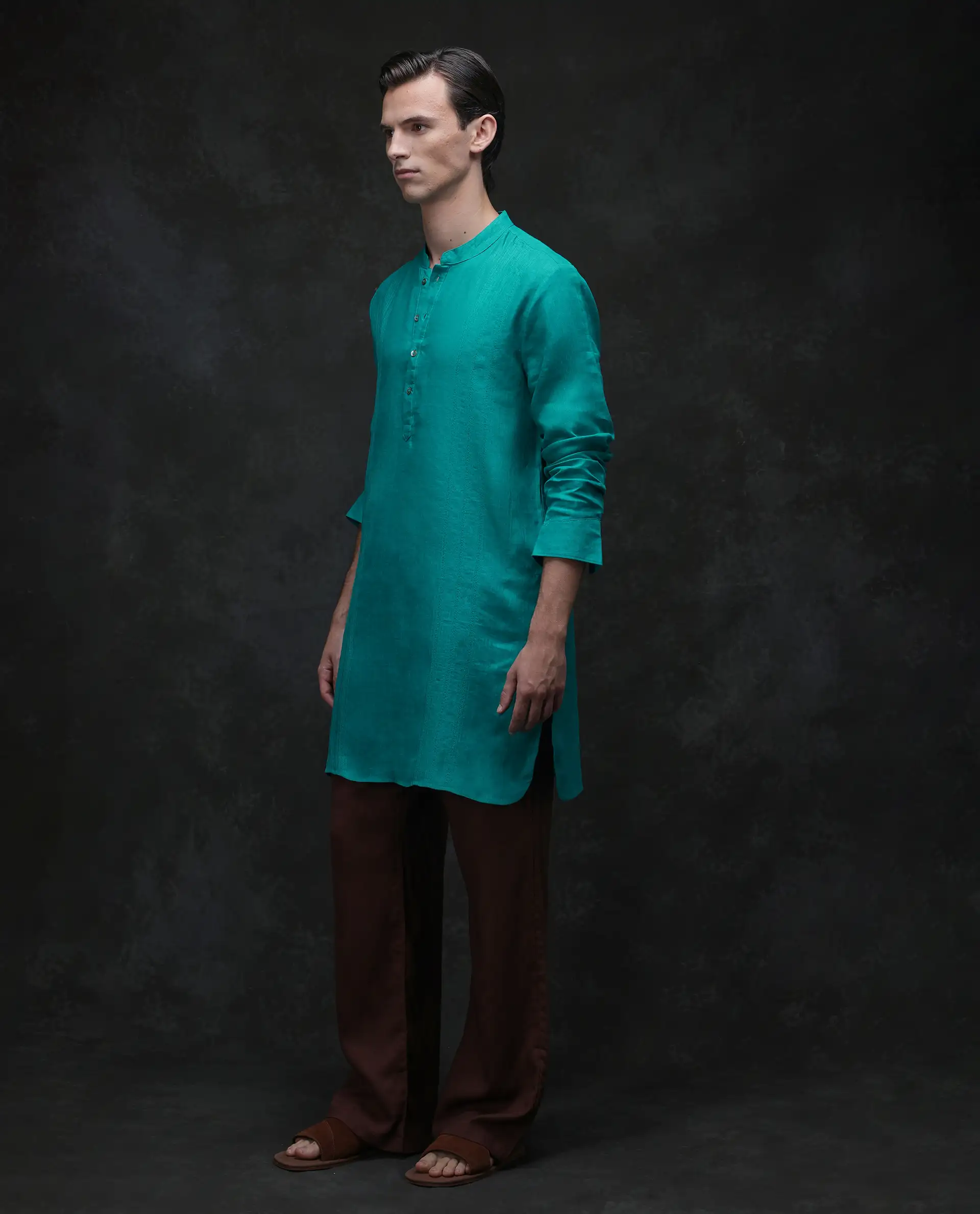 Rare Rabbit Men's President Green 100% Linen Plain Regular Fit Full Sleeve Mandarin Collar Kurta - Image 5