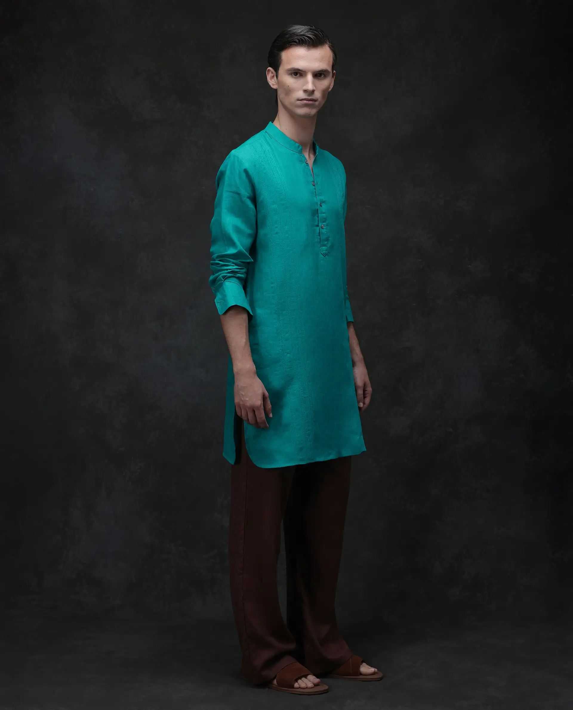 Rare Rabbit Men's President Green 100% Linen Plain Regular Fit Full Sleeve Mandarin Collar Kurta - Image 6